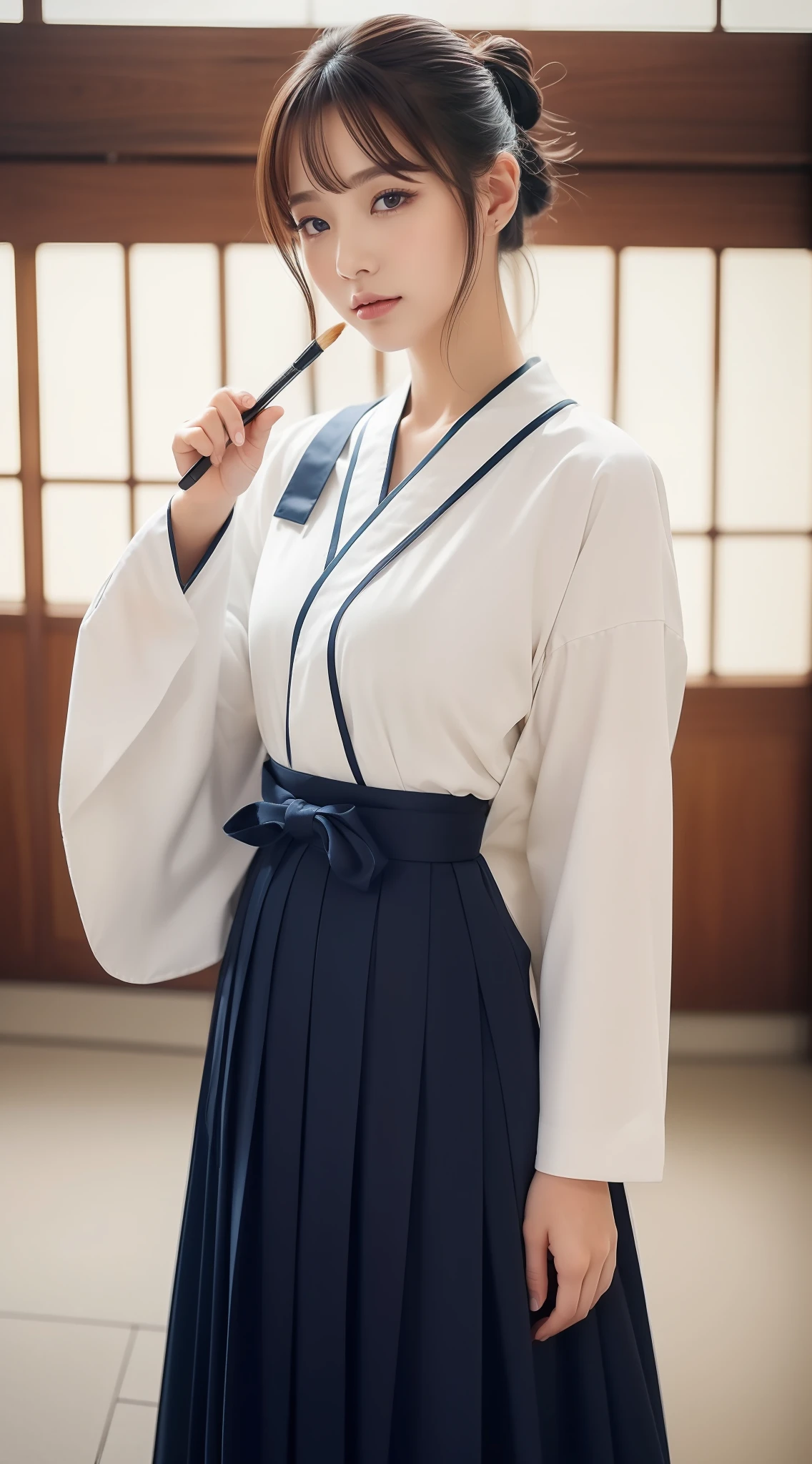 (((Top image quality、8K、​masterpiece、top-quality、1人の女性)))、((Beautie、Beautuful Women、kawaii、The face is orderly、Double eyelids、The whole body is shown))、(ighly detailed:1,3)、Calligraphy Club、cute little、Writing with a brush、Do calligraphy、Being in the classroom、Wearing Hakama、The whole body is shown、Like a shot with an SLR、Do calligraphy、the pose
