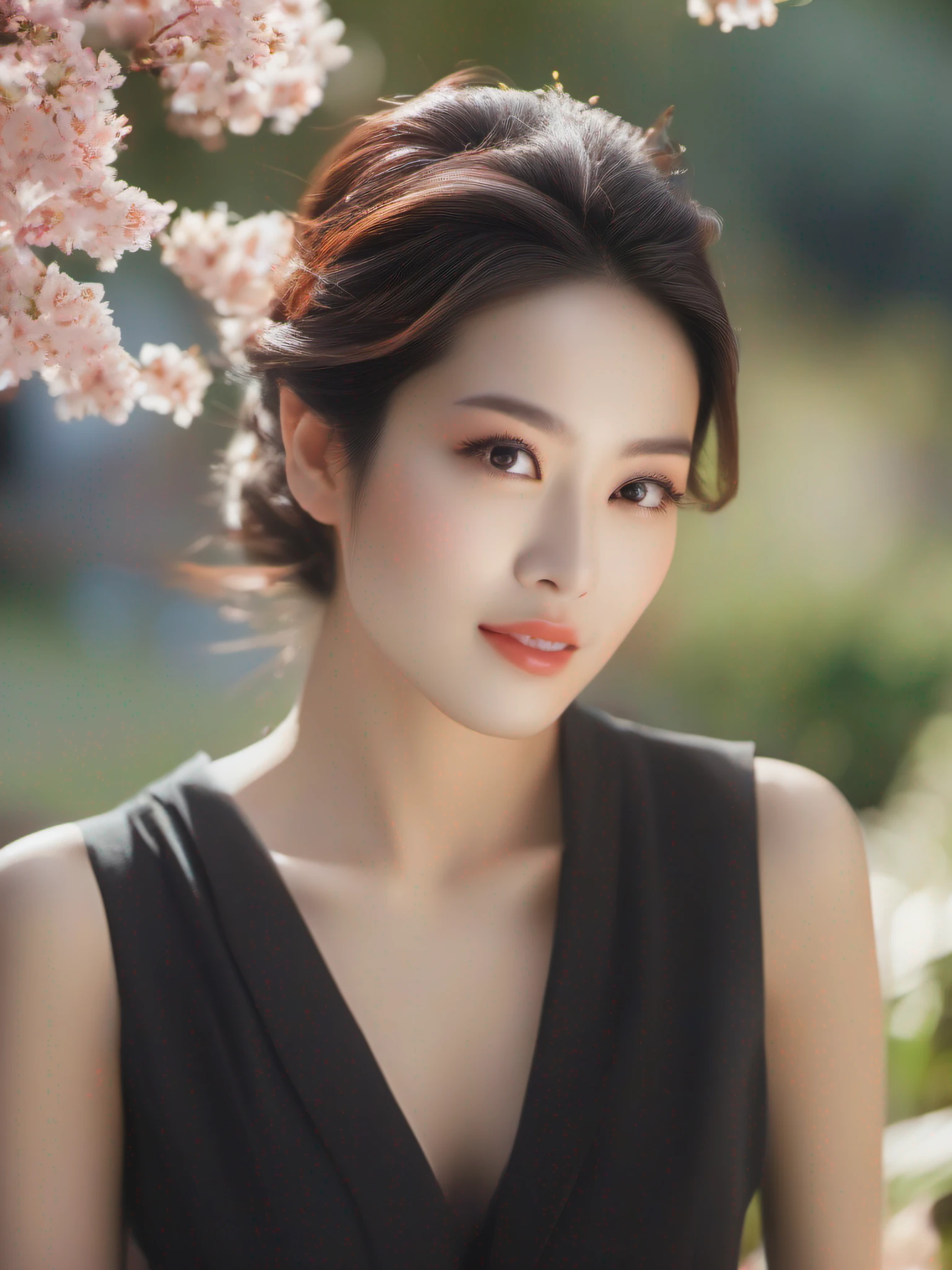 "beautiful japanese woman face" Fair skin tone, almond-shaped eyes, curved and elegant eyebrows, jet black hair, elegant and composed facial expression, captured in a serene garden environment, using a high-end DSLR camera model, composed with a balanced rule of thirds, shot from a slightly elevated perspective, softly diffused natural lighting, shallow depth of field to highlight the woman's face, fast shutter speed to freeze any subtle movements, resulting in a high-resolution image with vibrant colors and exquisite details.