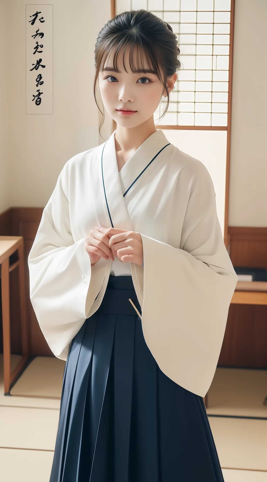 (((Top image quality、8K、​masterpiece、top-quality、1人の女性)))、((Beautie、Beautuful Women、kawaii、The face is orderly、Double eyelids、The whole body is shown))、(ighly detailed:1,3)、Calligraphy Club、cute little、Writing with a brush、Do calligraphy、Being in the classroom、Wearing Hakama、The whole body is shown、Like a shot with an SLR、Do calligraphy、Tatami room