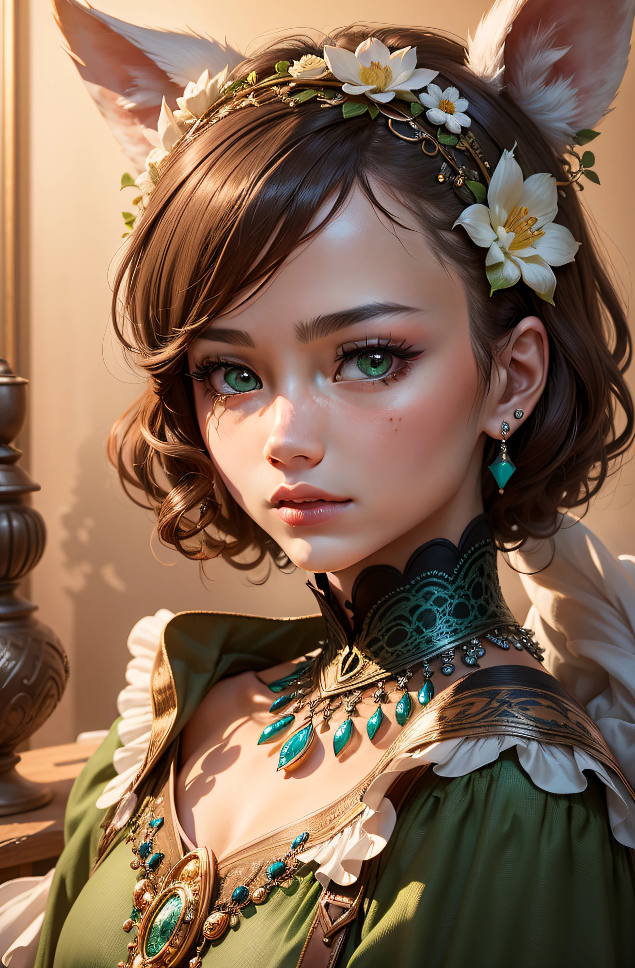 （tmasterpiece:1.5），（Need），（Meticulous illustration），（Sparkling turquoise:1.3），（Platinum earrings:1.1），（White gold necklace），（Emerald green dress），（Cute girl），（Dynamic and eye-catching light and shadow:1.2），（Cinematic lighting），（Delicate facial features），（Eye-catching），（Realistic pupils），（Depth of field foggy background），（sharp fokus），（Ultra-precise details，Gentle haloscope:1.4），（Garland embellishment），Flower crown