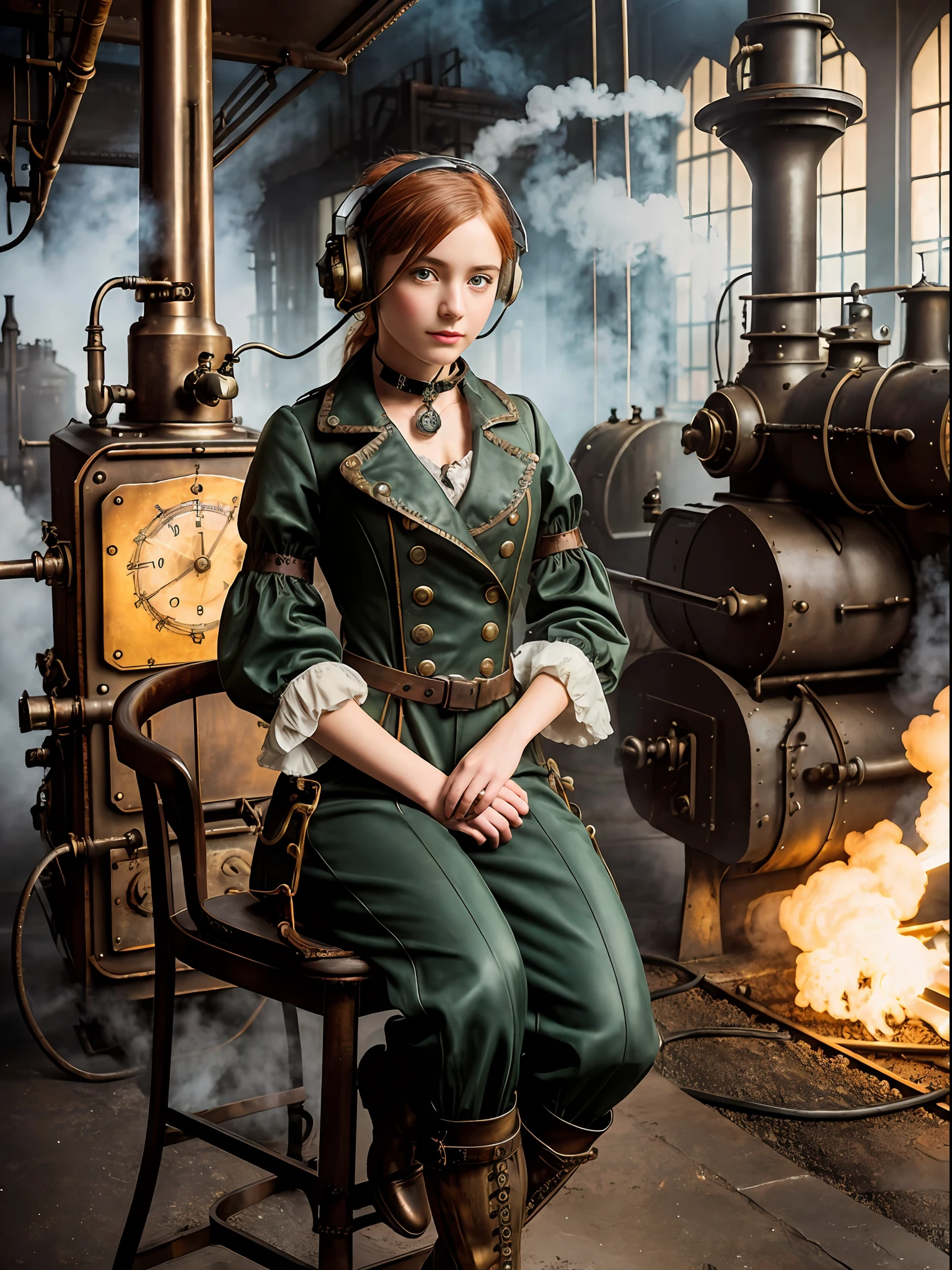 photorealistic, perfect anatomy, realistic character, hyper photorealism, very high contrast photograph, street photography, cinematic lighting, dramatic lighting, shot from the back, (((a girl on a chair is repairing a steam engine in the steamy smoky workshop))), (a 19 yo girl, (Ana de Armas:0.70), (redhead:1.1)), very cute, (perfect eyes:1.1), photorealistic wavy hair, a girl in a steampunk jumpsuit in light gray color, intercom headset, steampunk choker, long leather boots, perfect detailed face, detailed symmetric green eyes with circular iris, fixing a steam engine in the steampunk garage filled with steam and smoke, cogs and gears, steamy background with lots of steam pipes and steam valves and pressure gauges and gears, intricate background, very highly detailed costume, very highly detailed background, steampunk fantasy style, steampunk , steampunk aesthetic, steamy, smoky