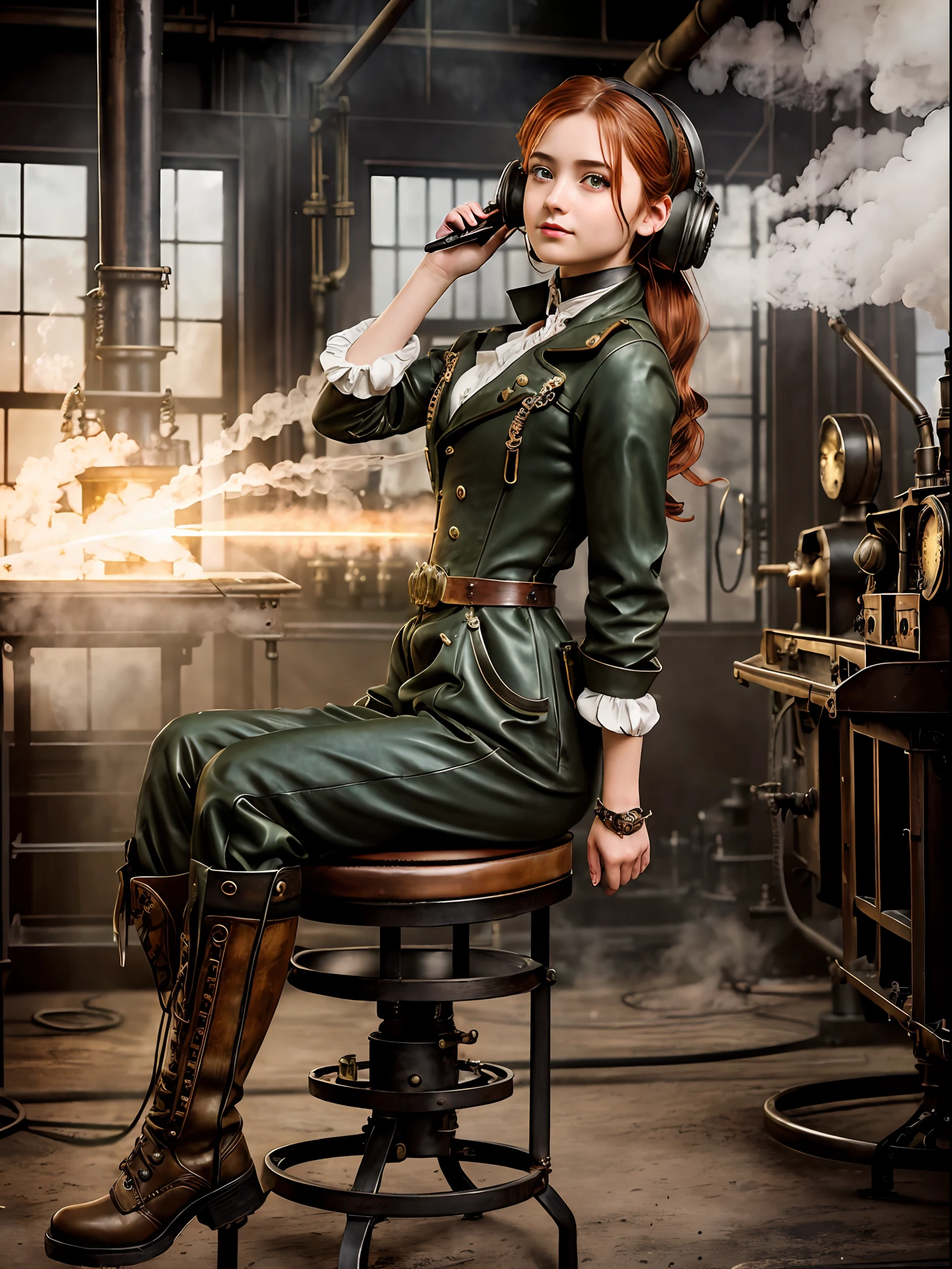 photorealistic, perfect anatomy, realistic character, hyper photorealism, very high contrast photograph, street photography, cinematic lighting, dramatic lighting, shot from the back, (((a girl on a chair is repairing a steam engine in the steamy smoky workshop))), (a 19 yo girl, (Ana de Armas:0.70), (redhead:1.1)), very cute, (perfect eyes:1.1), photorealistic wavy hair, a girl in a steampunk jumpsuit in light gray color, intercom headset, steampunk choker, long leather boots, perfect detailed face, detailed symmetric green eyes with circular iris, fixing a steam engine in the steampunk garage filled with steam and smoke, cogs and gears, steamy background with lots of steam pipes and steam valves and pressure gauges and gears, intricate background, very highly detailed costume, very highly detailed background, steampunk fantasy style, steampunk , steampunk aesthetic, steamy, smoky