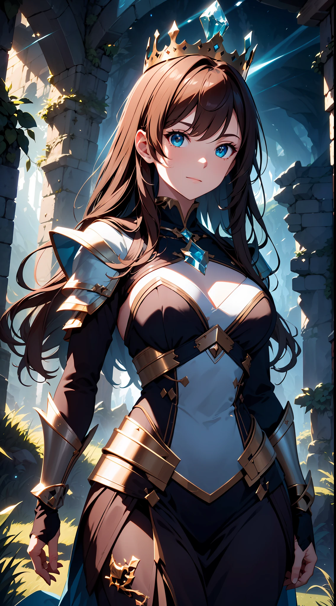 (absurdres, highres, ultra detailed), 1woman, mature female, aged up, wavy long hair, auburn hair, coral eyes, bangs, long sleeves, finely detailed eyes and detailed face, extremely detailed CG unity 8k wallpaper, intricate details, (style-swirlmagic:1.0), looking at viewer, solo, upper body, detailed background, close up, detailed face, (gothic dark ages theme:1.1), crystal sorcerer, dynamic pose, earth themed clothes, crystal crown, floating in the air, glowing magical shards, surrounded by blue magical crystals, rock formations, stalactites, magical floating particles, crystal glass, crystal sphere, crystal canyon background, (shallow water:0.7), epic ethereal atmosphere, updraft,, portrait