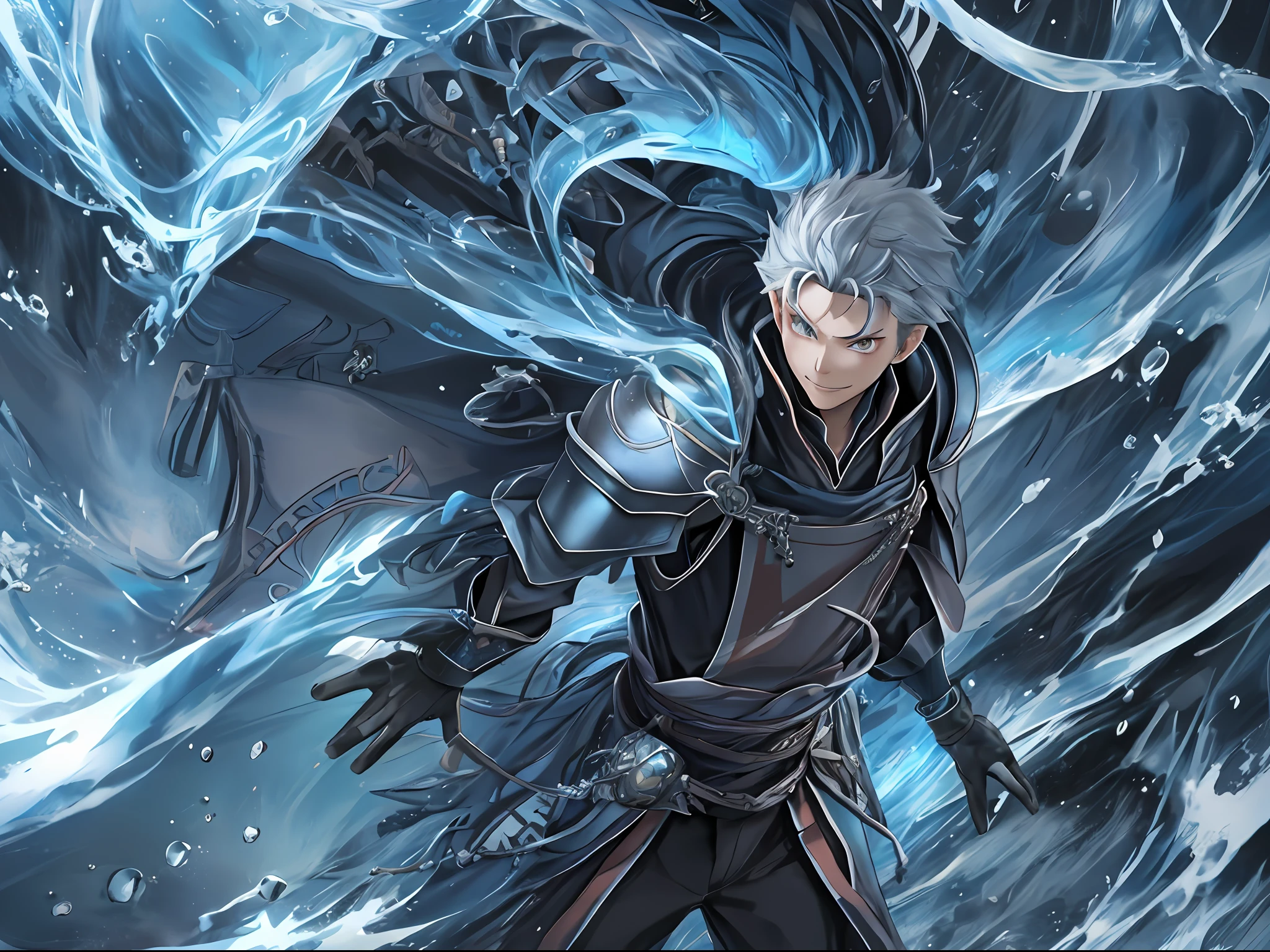（1 Adult male），A high resolution， Sharp focus， Pixiv masterpiece， （（Complicated details））， highly  detailed， natsuki_subaru， 1 man， ssmile，full bodyesbian， greene eyes（eyes glowing）， with short white hair，Armour，cloaks，Shoulder armor，perspire，look from down