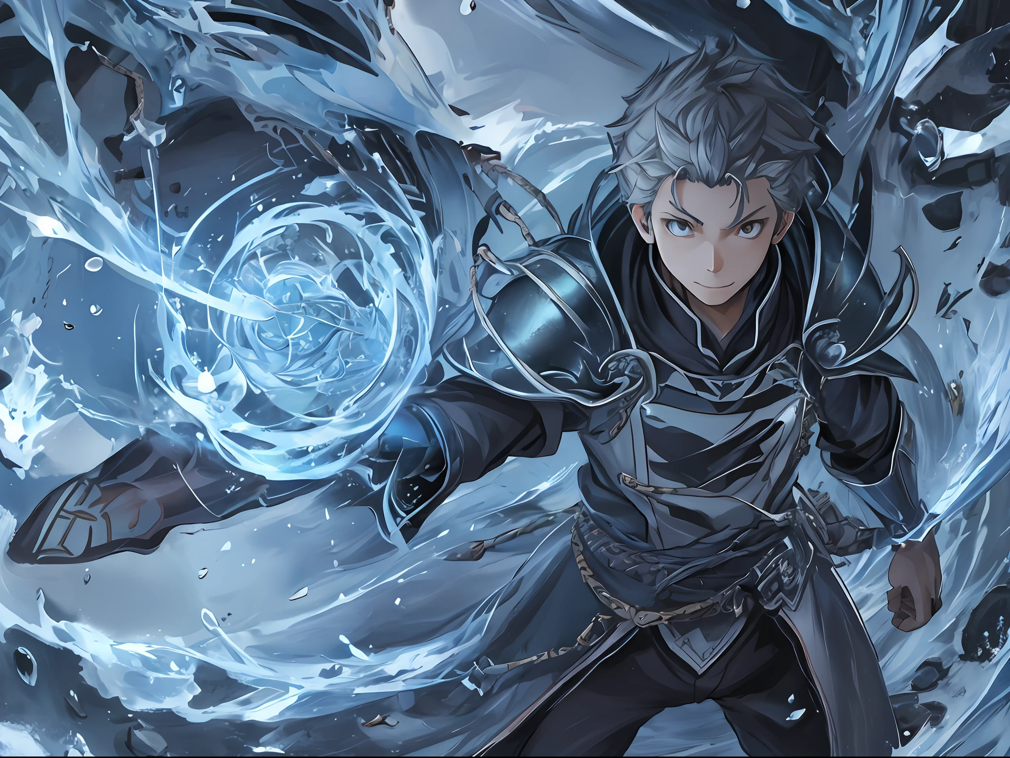 (1 Adult male),A high resolution, Sharp focus, Pixiv masterpiece, ((Complicated details)), highly detailed, natsuki_subaru, 1 man, ssmile,full bodyesbian, greene eyes(eyes glowing), with short white hair,Armour,cloaks,Shoulder armor,perspire,look from down