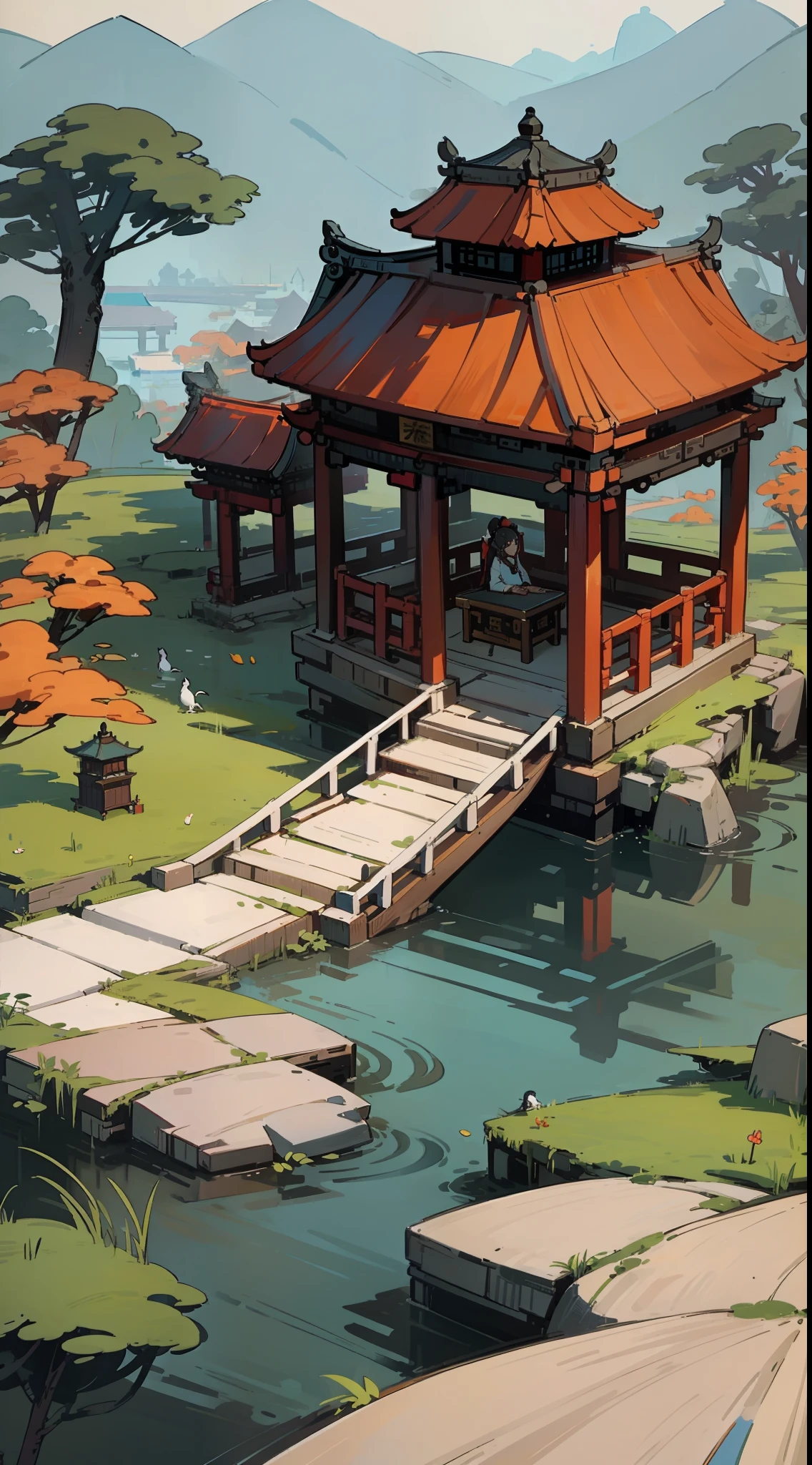 Chinese aesthetics、Ink quality、Peaceful creekside、Lonely gazebo、Long-haired girl holding a scroll、Very refined and detailed、The expression was melancholy、Creation at the highest level。