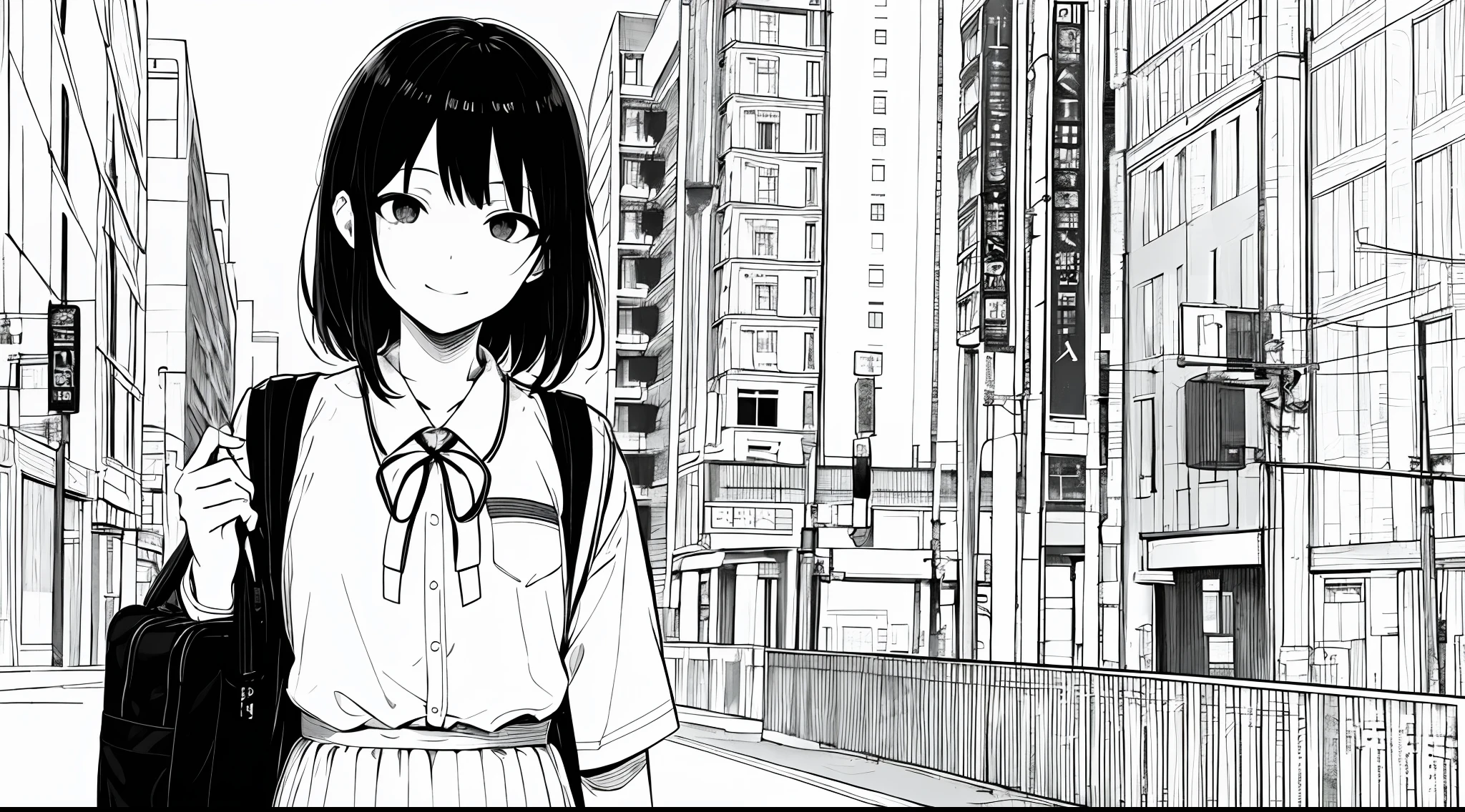 ​masterpiece, top-quality, (1girl in), 校服, A slight smil, a school bag, A dark-haired, Black eyes, cyberpunked, a street, monochromes, line-drawing