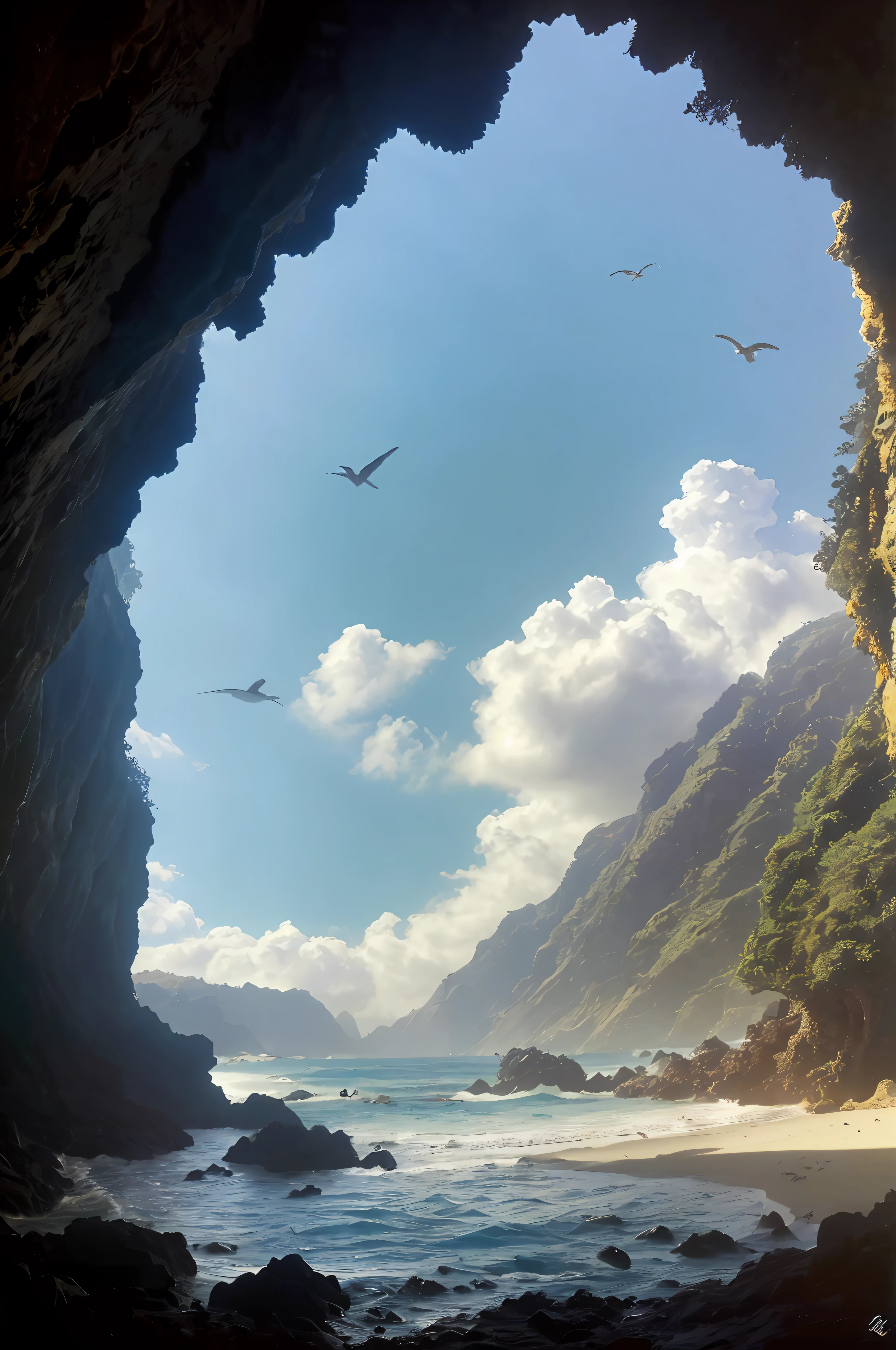 In cave over the sea, outside look, wave, mountain, plants and trees, bluesky, cloud, realistic, birds, (8k, masterpieces), ( best quality:1.4), (high quality:1.4), (hi res.), (extremely full detail),