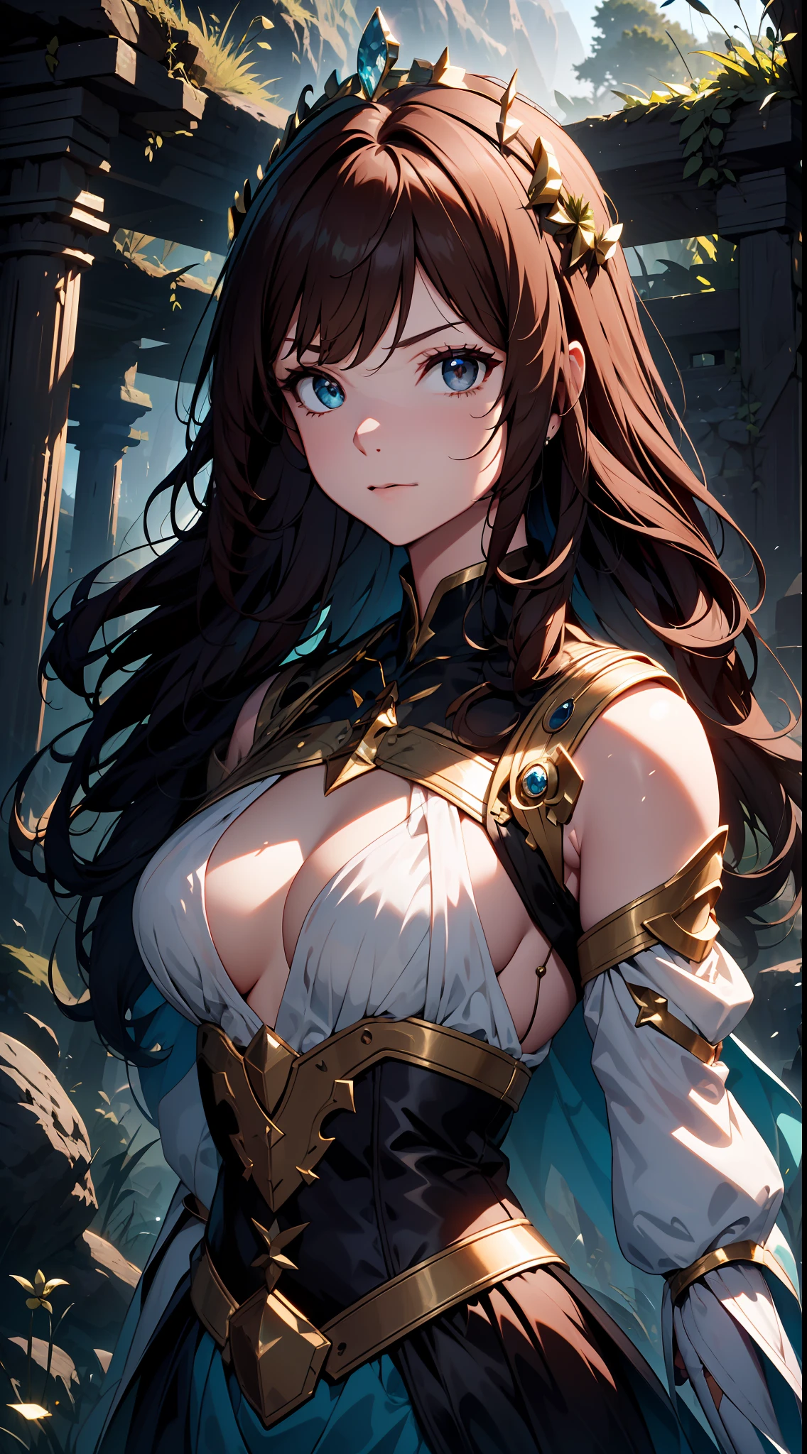 (absurdres, highres, ultra detailed), 1woman, mature female, aged up, wavy long hair, auburn hair, coral eyes, bangs, long sleeves, finely detailed eyes and detailed face, extremely detailed CG unity 8k wallpaper, intricate details, (style-swirlmagic:1.0), looking at viewer, solo, upper body, detailed background, close up, detailed face, (gothic dark ages theme:1.1), crystal sorcerer, dynamic pose, earth themed clothes, crystal crown, floating in the air, glowing magical shards, surrounded by blue magical crystals, rock formations, stalactites, magical floating particles, crystal glass, crystal sphere, crystal canyon background, (shallow water:0.7), epic ethereal atmosphere, updraft,, portrait