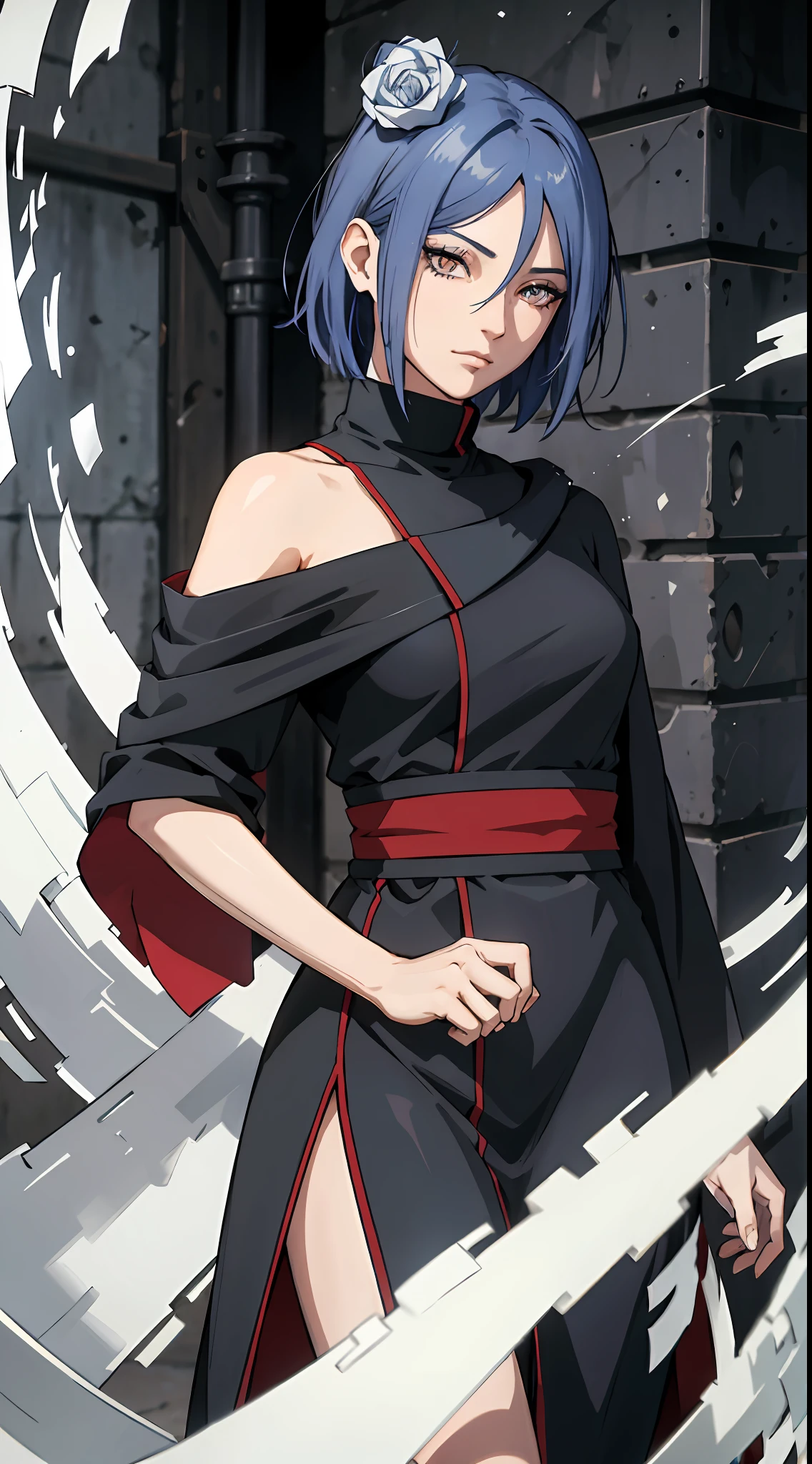 absurderes, (best qualityer), (tmasterpiece), (ultra - detailed: 1.2), (Fotorrealista: 1.1),Off-the-shoulder attire， (A high resolution), 1girll,(injury:1.1),blue hairs，short detailed hair，Black robe(bloods:1.1), Xiaonan \(Naruto\), Akatsuki motif， Perforated Rabret, (Paper:1.2), Ripples, twirl, Rainbow art,