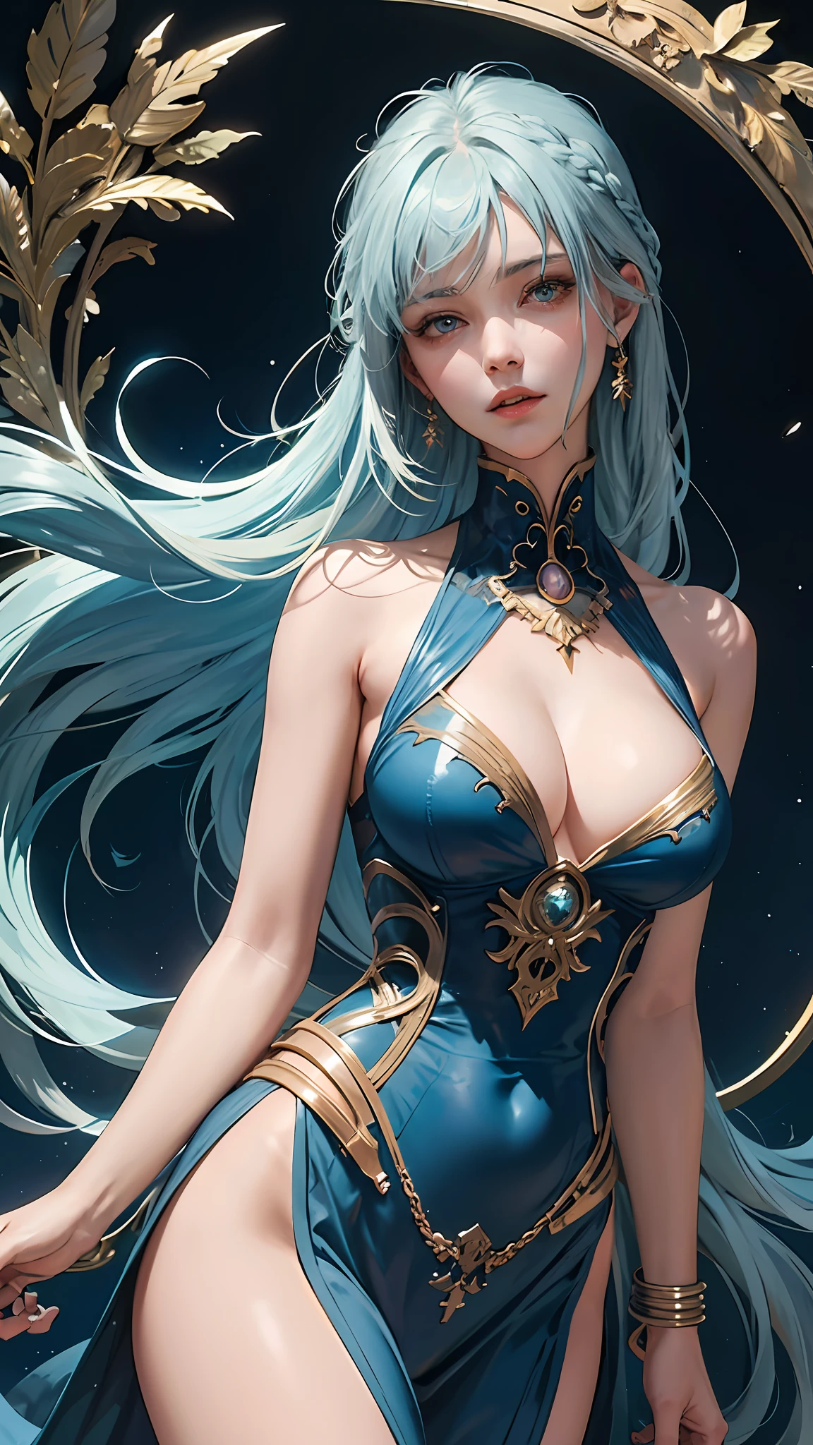 Anthropomorphic gemstones aquamarine、(masterpiece、top-quality、top-quality)、(((Beautiful anime style girl、)))、28 year old、oversize model、((((beutiful breast)))、((lightblue hair)))、sky blue eye、Hairstyle is short bob、Hair is straight、Extreme details、colourfull、Groism、Birthstone Aquamarine Image Frame、Art concept art by Can Riffis and Vadimukasin、Ethereal、Bold poses、flawless、Pure form、the golden ratio、Khan Griffith、Wadim Kashin、john william waterhouse、abstract art、 (masterpiece、top-quality、hight resolution: 1.4)、More about realism、color splashes、line-drawing、Fibonacci、concept-art、foco nítido、illustratio、Art by Alphonse Mucha、Tarot Cards、Sexual References
