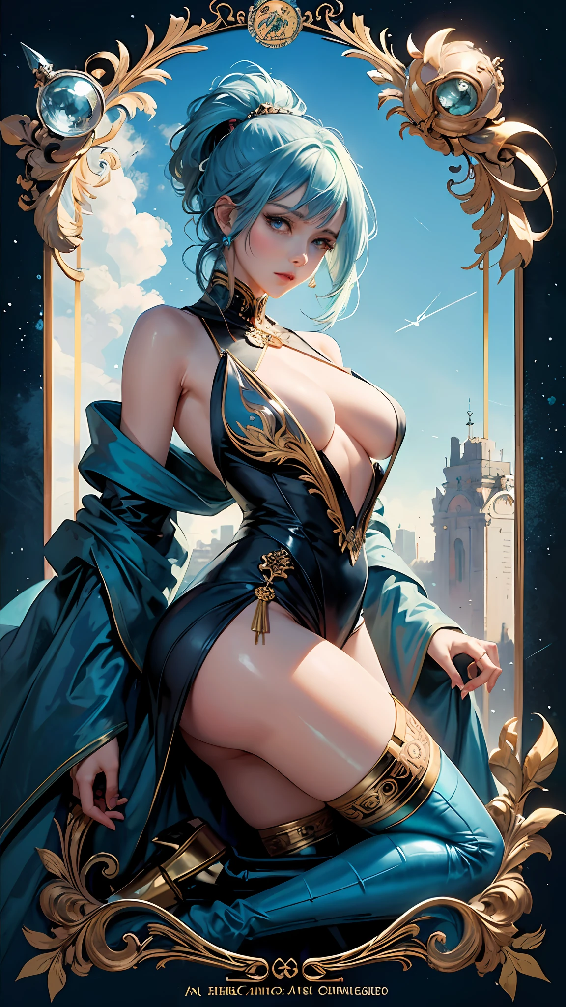 Anthropomorphic gemstones aquamarine、(masterpiece、top-quality、top-quality)、(((Beautiful anime style girl、)))、28 year old、oversize model、((((beutiful breast)))、((lightblue hair)))、sky blue eye、Hairstyle is short bob、Hair is straight、Extreme details、colourfull、Groism、Birthstone Aquamarine Image Frame、Art concept art by Can Riffis and Vadimukasin、Ethereal、Bold poses、flawless、Pure form、the golden ratio、Khan Griffith、Wadim Kashin、john william waterhouse、abstract art、 (masterpiece、top-quality、hight resolution: 1.4)、More about realism、color splashes、line-drawing、Fibonacci、concept-art、foco nítido、illustratio、Art by Alphonse Mucha、Tarot Cards、Sexual References