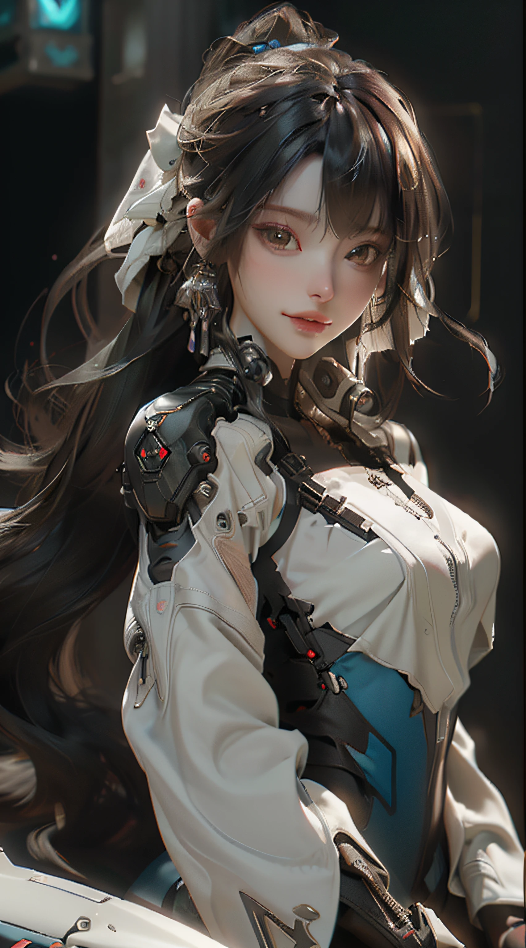 ((best qualtiy)), ((tmasterpiece)), (the detail:1.4), 3D, A beautiful cyberpunk female image,HDR（HighDynamicRange）,Ray traching,NVIDIA RTX,Super-Resolution,Unreal 5,Subsurface scattering、PBR Texture、whaite hair，Incredibly long hair，ssmile，Overlooking，Cinematic lighting，Sitting on a motorcycle，post-proces、Anisotropy Filtering、depth of fields、maximum definition and sharpness、Many-Layer Textures、Albedo e mapas Speculares、Surface Coloring、Accurate simulation of light-material interactions、perfectly proportions、Octane Render、Two-colored light、largeaperture、Low ISO、White balance、the rule of thirds、8K RAW、