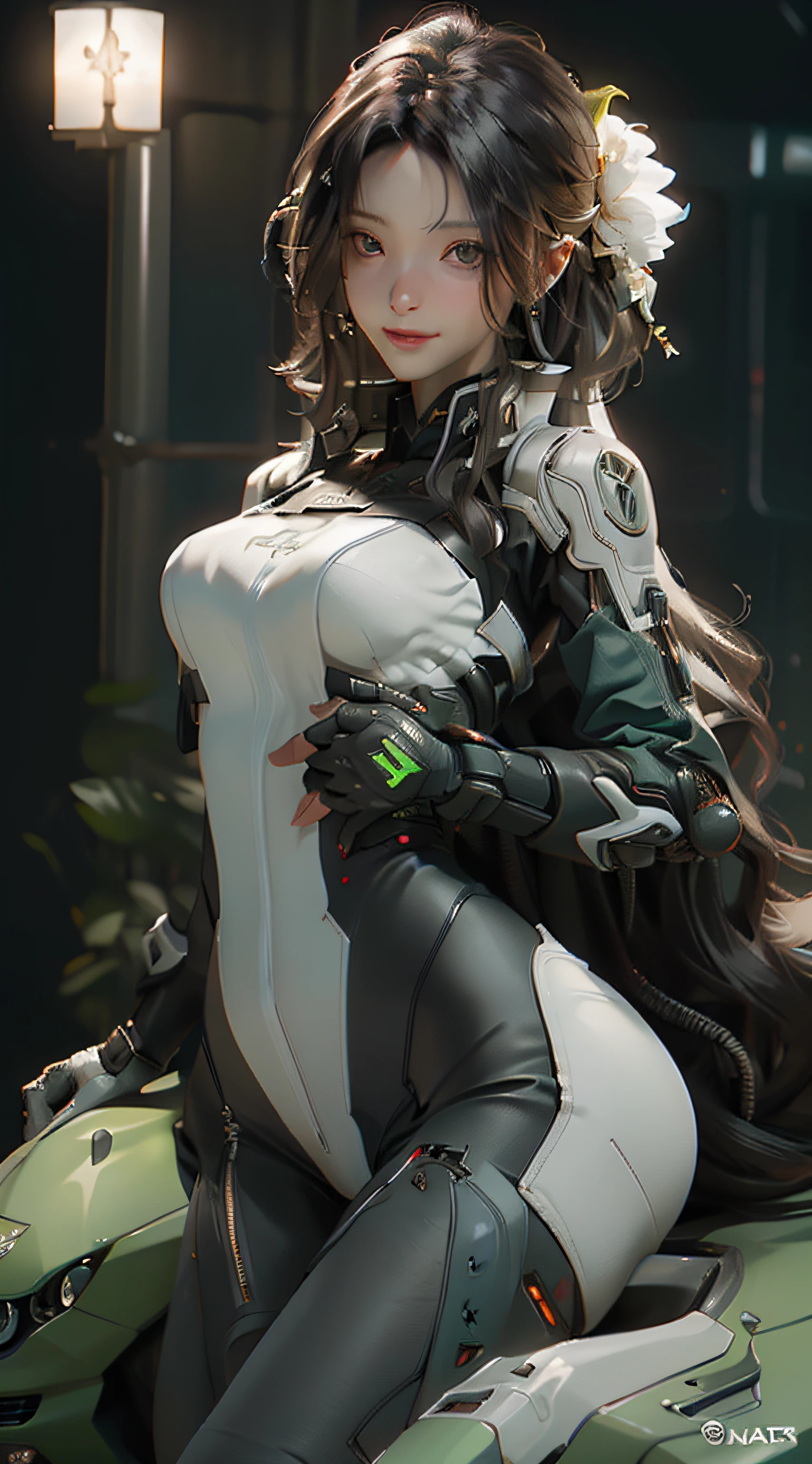 ((best qualtiy)), ((tmasterpiece)), (the detail:1.4), 3D, A beautiful cyberpunk female image,HDR(HighDynamicRange),Ray traching,NVIDIA RTX,Super-Resolution,Unreal 5,Subsurface scattering、PBR Texture、whaite hair,Incredibly long hair,ssmile,Overlooking,Cinematic lighting,Sitting on a motorcycle,post-proces、Anisotropy Filtering、depth of fields、maximum definition and sharpness、Many-Layer Textures、Albedo e mapas Speculares、Surface Coloring、Accurate simulation of light-material interactions、perfectly proportions、Octane Render、Two-colored light、largeaperture、Low ISO、White balance、the rule of thirds、8K RAW、
