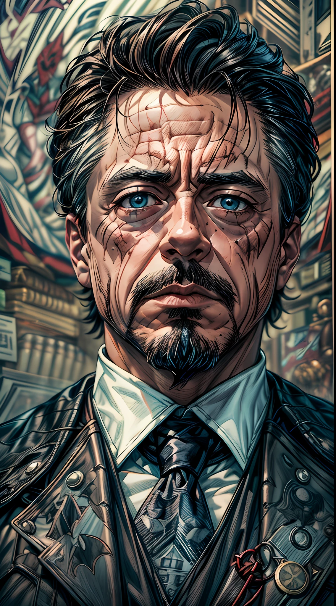 (RAW Photo, Best Quality), (Realistic, Photorealistic Photo: 1.3), Best Quality, Highly Detailed, Masterpiece, Ultra Detailed, Illustration, Marvel X DC, Tony Stark + Batman unique Combination, Tony Stark in batman costume, background should be epic, upper body, high detail on dress, Best Quality, Extremely Detailed CG Unified 8k Wallpaper, Ink, Amazing, badass look, portrait, close up (skin texture), intricately detailed, fine details, hyperdetailed.