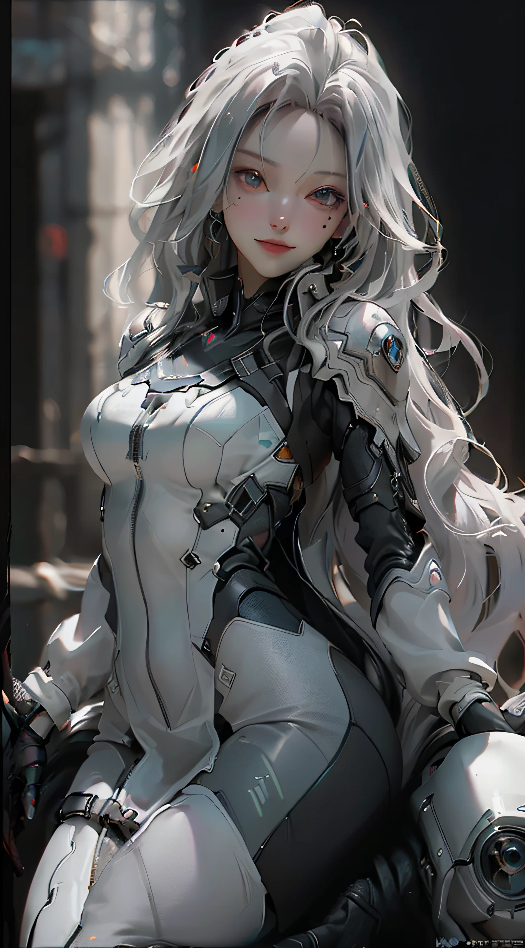 ((Best Quality)), ((Masterpiece)), (Detail: 1.4), 3D, A Beautiful Cyberpunk Female Figure, HDR (High Dynamic Range), Ray Tracing, NVIDIA RTX, Super-Resolution, Unreal 5, Subsurface Scattering, PBR Texture, Gray Hair, Incredibly Long Hair, Smile, Look Over, Sitting on a Motorcycle, Post-Processing, Anisotropic Filtering, Depth of Field, Maximum Clarity and Clarity, Multi-layered Texture , Albedo and Specular Mapping, Surface Coloring, Accurate Simulation of Light-Material Interactions, Perfect Proportions, Octane Render, Bicolor Light, Large Aperture, Low ISO, White Balance, Rule of Thirds, 8K RAW,