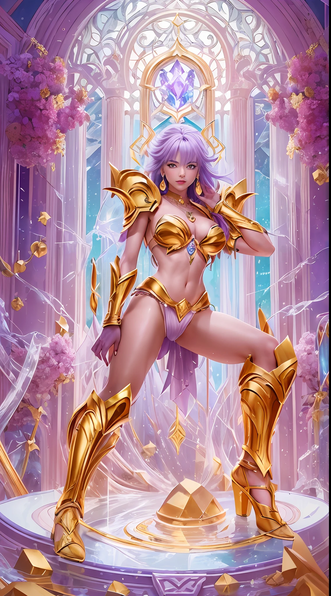 Saigarius Saint Seiya in cyberpunk style, (open legs bent and raised: 1.5) (God of War) (Saint Seiya: 2) (Gold armor: 2), (Gold texture: 1.5) on stomach, reclining (open air) (hips) Panties for the audience to see (off-the-shoulder) (with countless super gems) (super large gem pendant: 2), crazy details (with water flowing through the body: 1.5) Full body, stockings, (kicks: 2), aristocratic details, panorama, full length, full frame, epic pose, (gorgeous jewelry) yellow hair (necklace earrings) pendant, (set + big gemstones), large diamonds, gold, ruby), waterfall, next to the bath, unrealistic engine style, detailing, ultra-realistic, boca effect, shot in the style of David La Chapelle, Bioluminescent color palette: lilac, pale pink, bright white, wide angle, ultra-fine, cinematic still life, vibrant, WLOP and Sakimichan, Artgerm style, underboob, Perfect eyes, highest image quality 16K, inspired by Harry Winston, shot on the Canon EOS R 6, masterpiece --s2