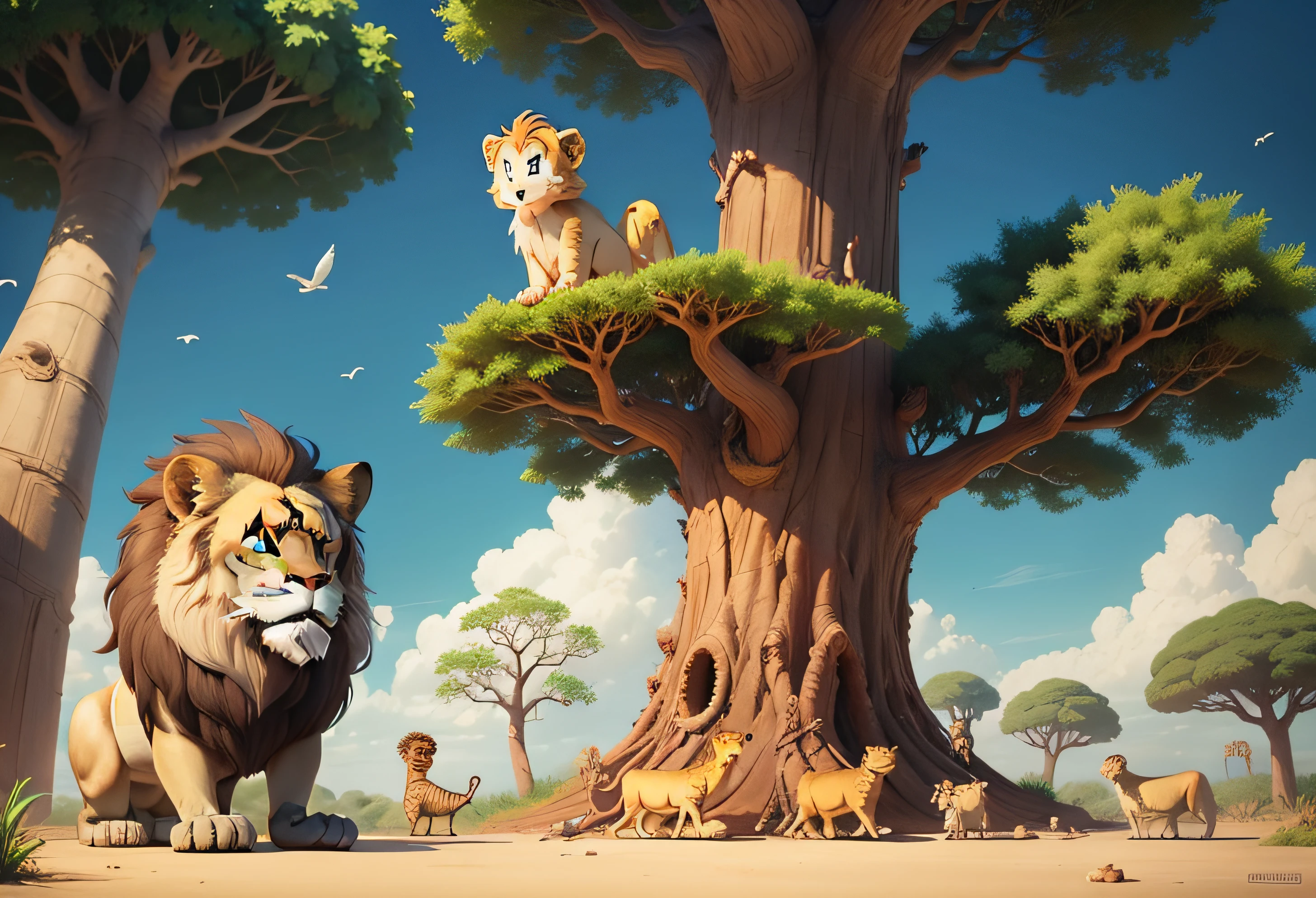 Animation for kids, in the savannah. a lion, a monkey, a wise tortoise, and a bird, all gathered around a baobab tree,