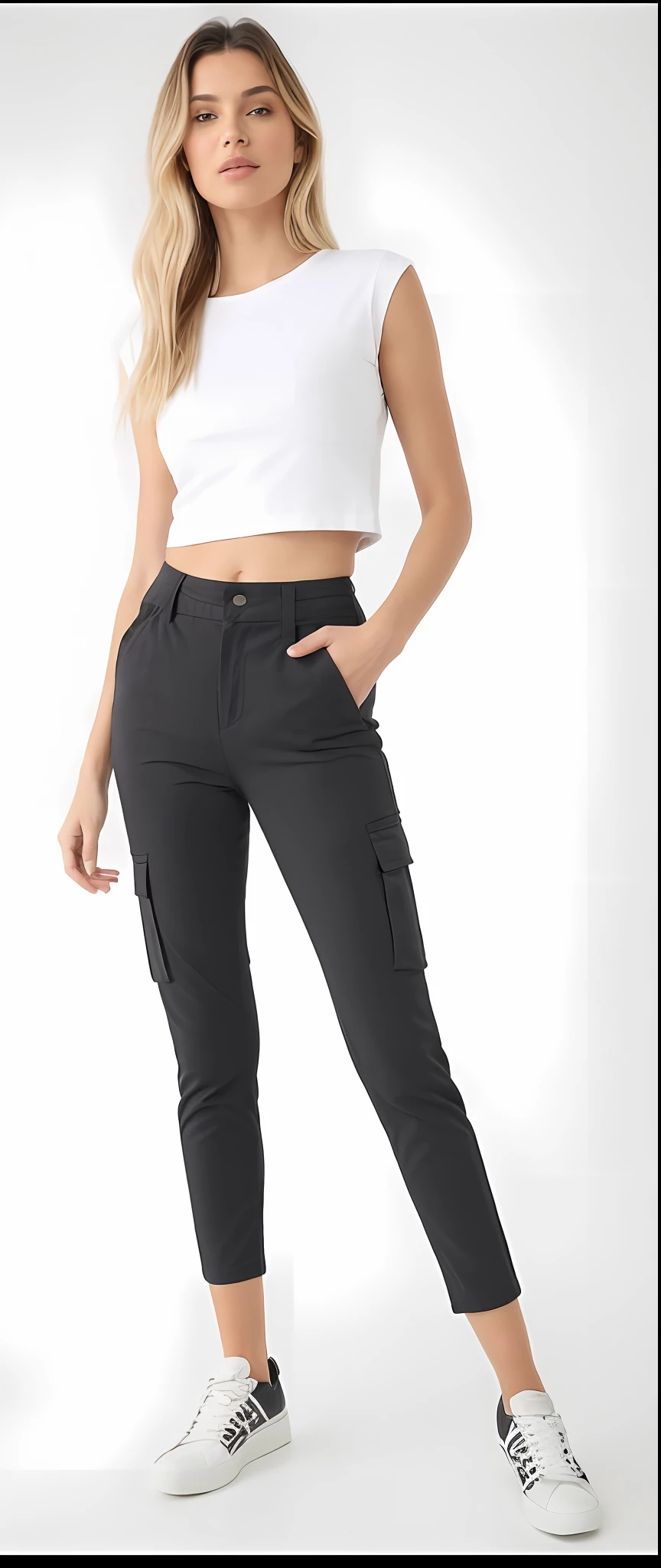 A beautiful woman in a white top and black pants posing for a photo, wearing tight cargo pants, cargo pants, pants clothes pants clothing pants black jeans extremely tight, pants clothes pants clothes jeans black, black pants, pants clothes clothes jeans, pants clothes clothes jeans, jeans, garments, Pants, garments, pants, clothing, jeans and t-shirt, com dois bolsos frontais, wearing pants and a t-shirt, pants clothes pants clothes jeans black, cintura fina, clothes clothes jeans jeans clothes jeans jeans clothes jeans clothes jeans clothes jeans jeans clothes jeans, cintura magra e quadris grossos