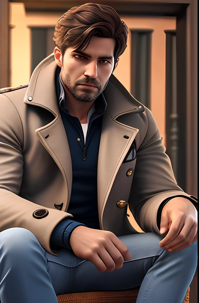 A rich man wearing a coat sitting in front of the screen, 4k, realistic, lighting details, HD