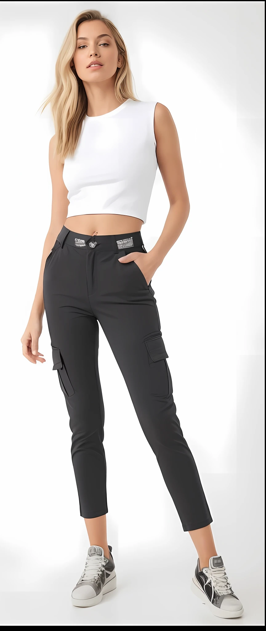 A beautiful woman in a white top and black pants posing for a photo, wearing tight cargo pants, cargo pants, pants clothes pants clothing pants black jeans extremely tight, pants clothes pants clothes jeans black, black pants, pants clothes clothes jeans, pants clothes clothes jeans, jeans, garments, Pants, garments, pants, clothing, jeans and t-shirt, com dois bolsos frontais, wearing pants and a t-shirt, pants clothes pants clothes jeans black, cintura fina, clothes clothes jeans jeans clothes jeans jeans clothes jeans clothes jeans clothes jeans jeans clothes jeans, cintura magra e quadris grossos