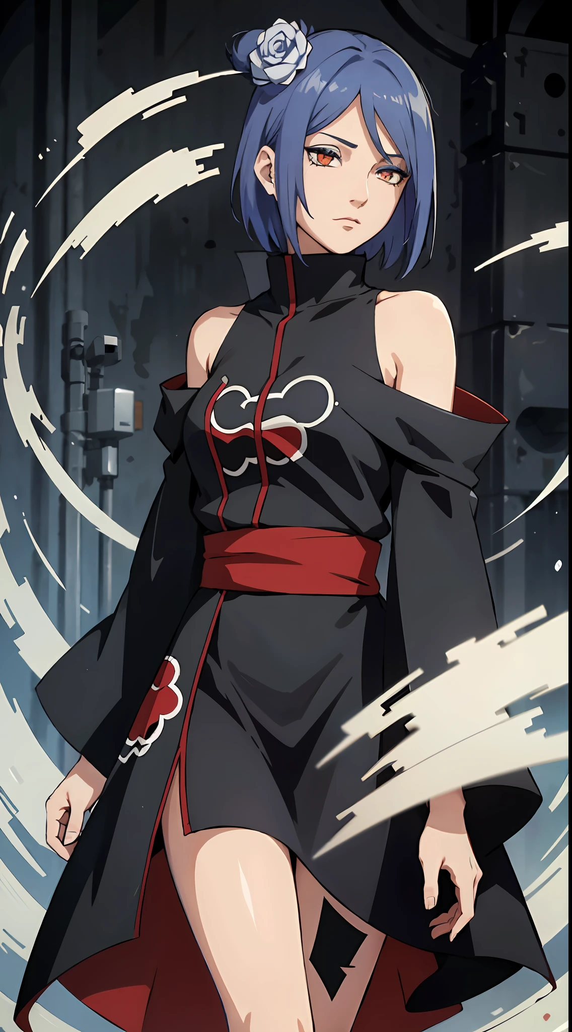 absurderes, (best qualityer), (tmasterpiece), (ultra - detailed: 1.2), (Fotorrealista: 1.1),Off-the-shoulder attire， (A high resolution), 1girll,(injury:1.1),blue hairs，short detailed hair，Black robe(bloods:1.1), Xiaonan \(Naruto\), Akatsuki motif， Perforated Rabret, (Paper:1.2), Ripples, twirl, Rainbow art,