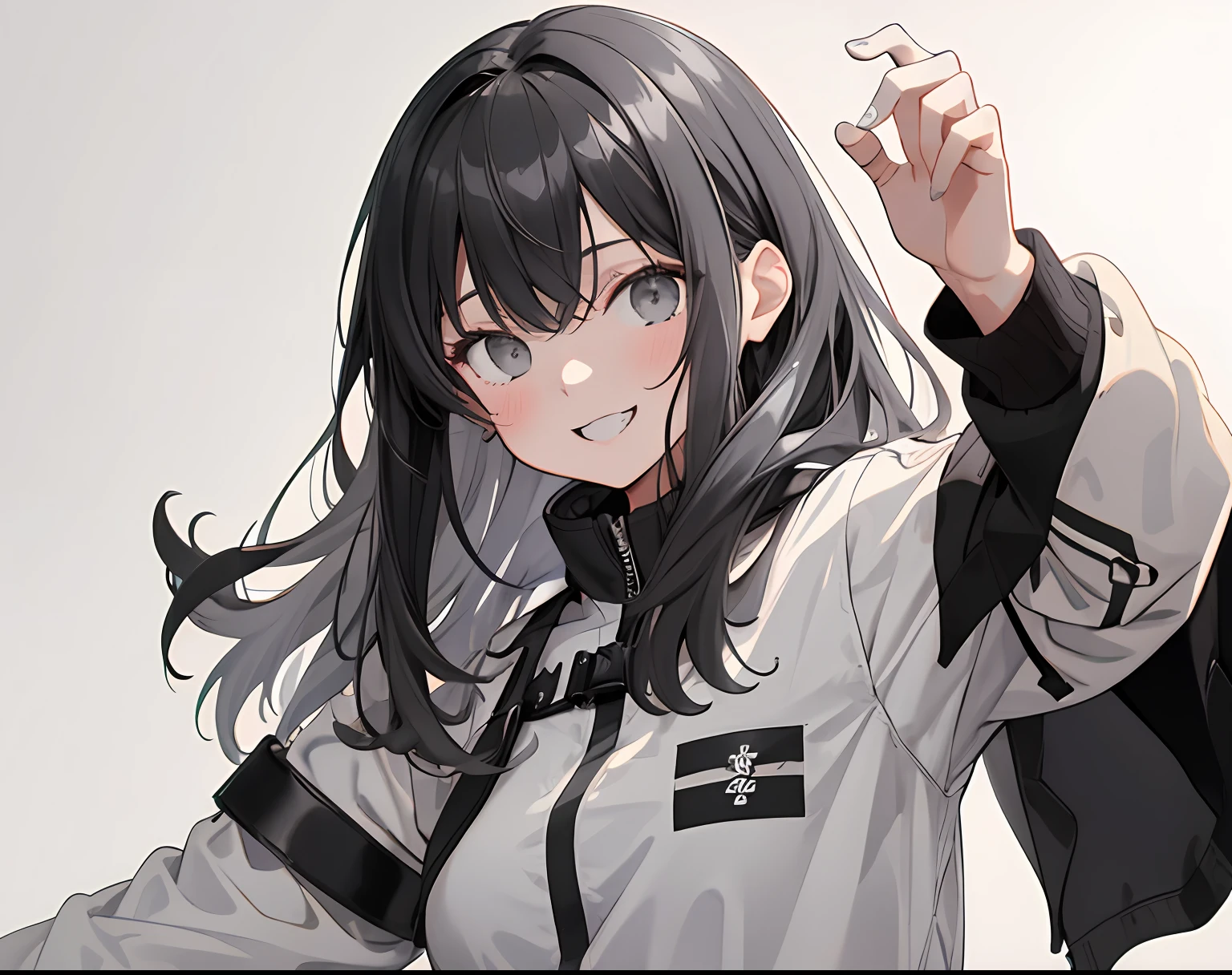 【Highest Quality, masutepiece】 [girl, Manteau, expressioness, Black eyes, front facing, Black hair, Walking, Upper body] (Gray white background:1.7), smile with teeth