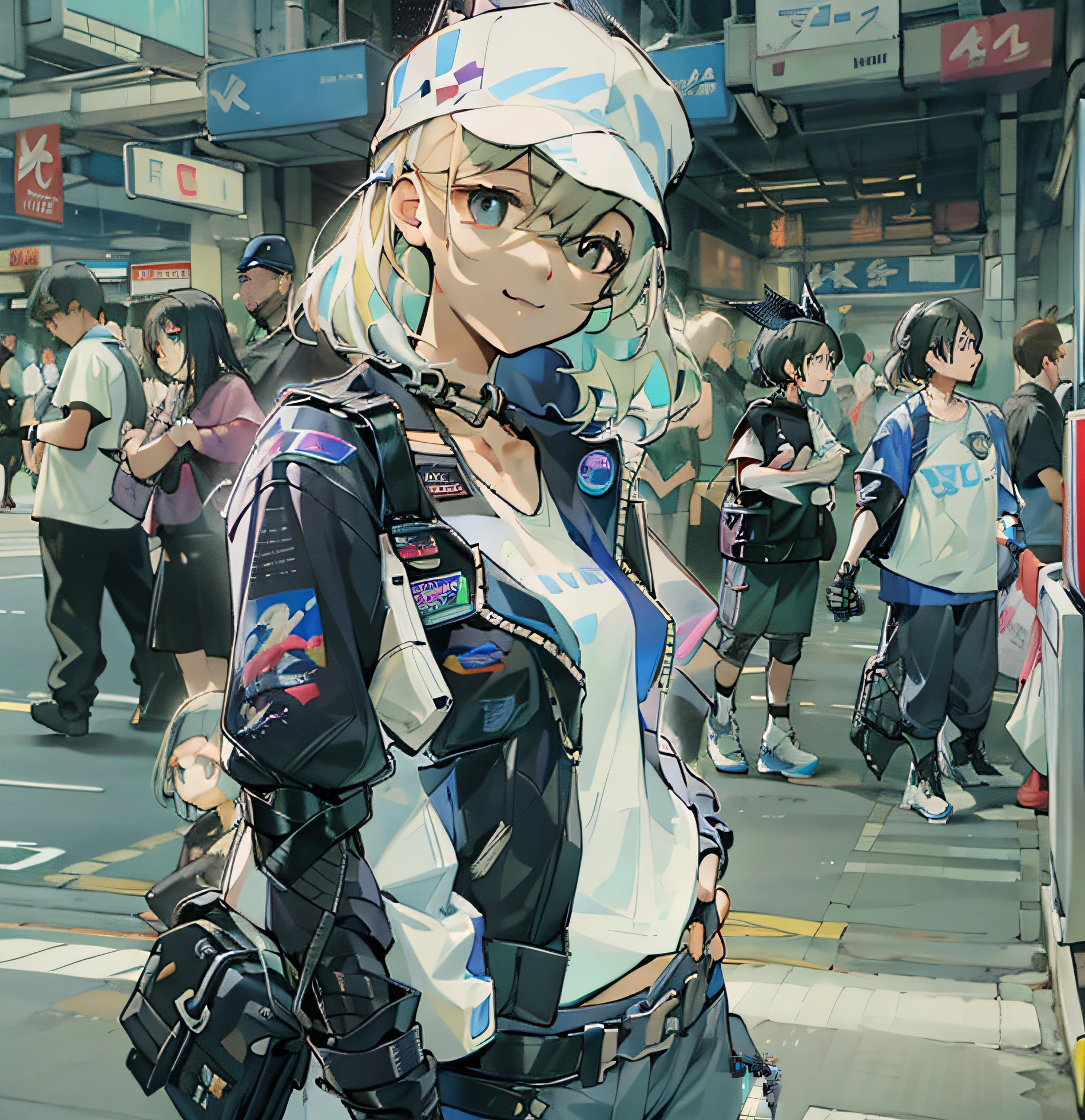 Beautiful woman medium hair、hated、cyberpunked、a short bob、a blond、White Summer Knitted Cap、 odd eye、blue right eye、Green left eye、Blue Leather Vest、Long white T-shirt、White Cargo Pants、Black Engineer Boots、head phone、Holding a pistol in his right hand、Sprint、In front of Shibuya Station、natta、Well-formed fingertips of both hands、Full body like、Colossal tits、A smile、Extend your left hand to us