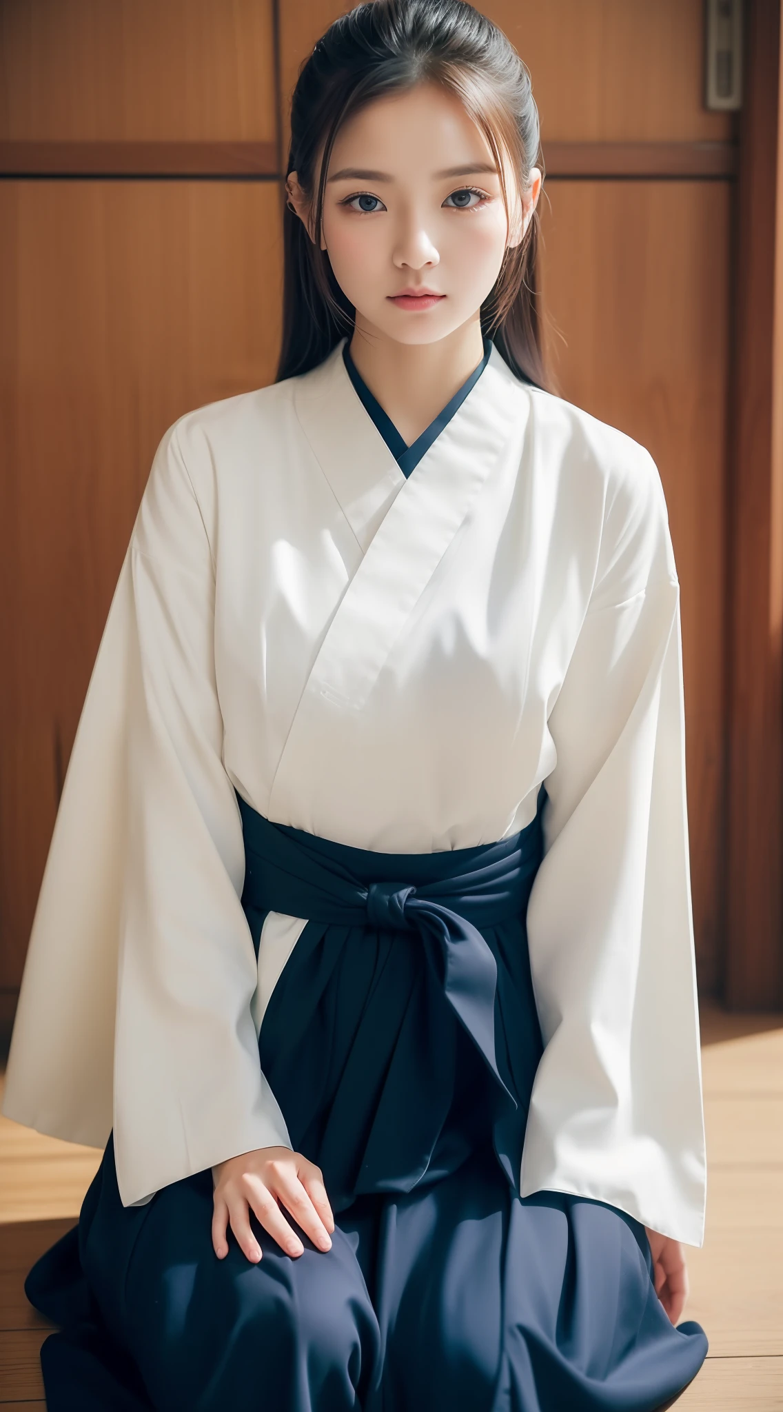 (((Top image quality、8K、​masterpiece、top-quality、1人の女性)))、((Beautie、Beautuful Women、kawaii、The face is orderly、Double eyelids、The whole body is shown))、(ighly detailed:1,3)、Calligraphy Club、cute little、Writing with a brush、Do calligraphy、Being in the classroom、Wearing Hakama、The whole body is shown、Like a shot with an SLR、Do calligraphy、the pose、((Sitting upright))、sitting on