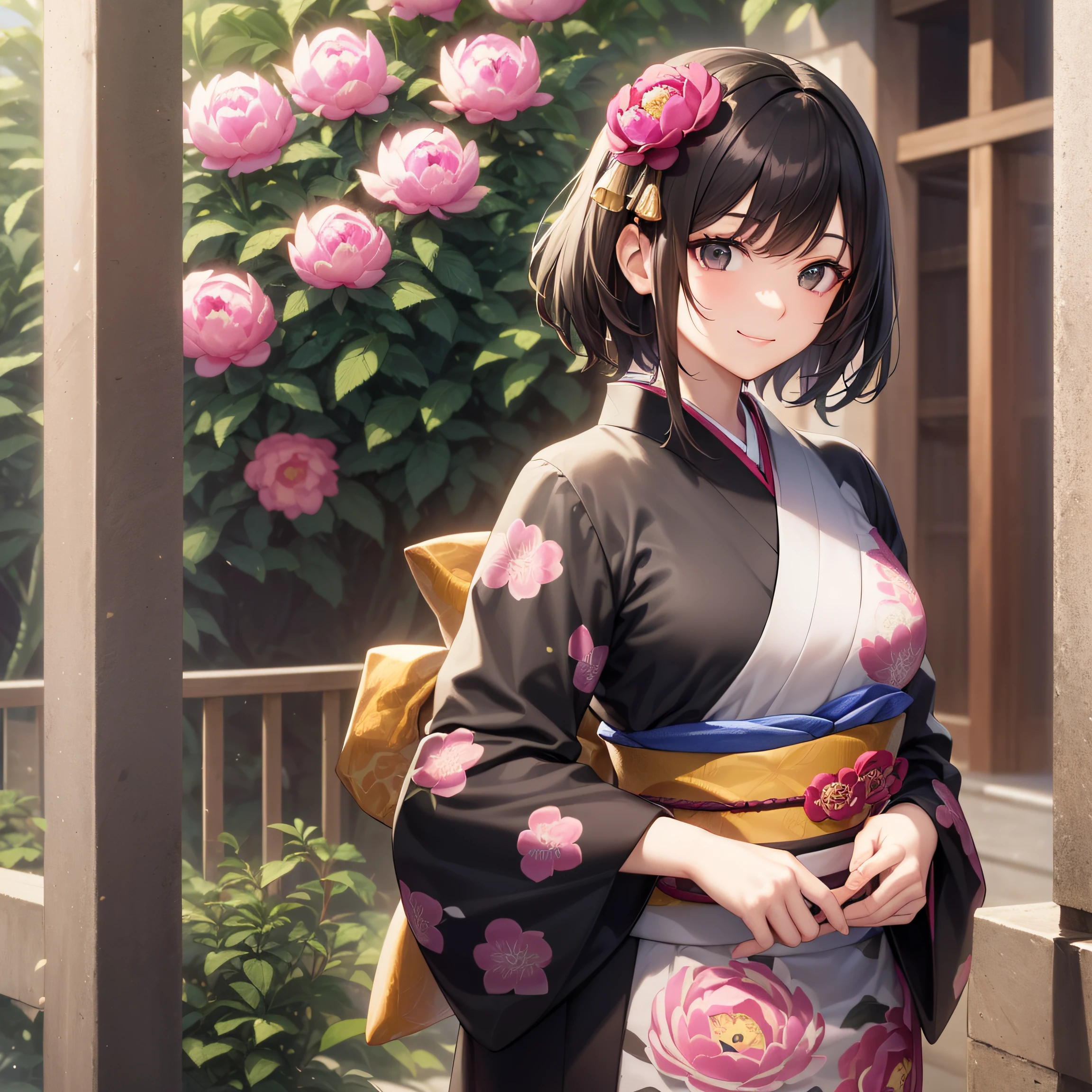 (Best Quality)), (Masterpiece), (Sharpness), 32k, (Best Quality Depiction), (Best Quality), Art, Detailed and Detailed CG Art, Detailed Human Body, Gentle Sunlight: 1.3, (Perfect ???????), (Flawless Body Depiction), Golden Ratio, Depiction of Perfect Woman, 1 Woman, (Japan Adult Female in Early Twenties), (Lustrous Black Hair, Short Hair: 1.1), ( Beautiful black eyes shiny),(Detailed and detailed beautiful face), (Small:1.3), (Detailed and detailed beautiful perfect kimono:1.4,Peony pattern,No exposure:1.6), (Staring into the distance,Smile:1.3), Outdoor,Japanese style garden:1.2,Little bird 1.3:,Wind operation:0.7