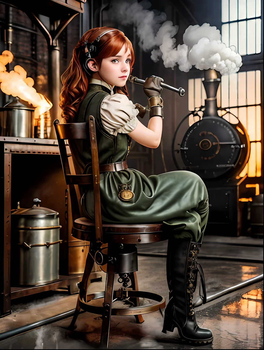 photorealistic, perfect anatomy, realistic character, hyper photorealism, very high contrast photograph, street photography, cinematic lighting, dramatic lighting, shot from the back, (((a girl on a chair is repairing a steam engine in the steamy smoky workshop))), (a 19 yo girl, (Ana de Armas:0.70), (redhead:1.1)), very cute, (perfect eyes:1.1), photorealistic wavy hair, a girl in a steampunk jumpsuit in light gray color, intercom headset, steampunk choker, long leather boots, perfect detailed face, detailed symmetric green eyes with circular iris, fixing a steam engine in the steampunk garage filled with steam and smoke, cogs and gears, steamy background with lots of steam pipes and steam valves and pressure gauges and gears, intricate background, very highly detailed costume, very highly detailed background, steampunk fantasy style, steampunk , steampunk aesthetic, steamy, smoky