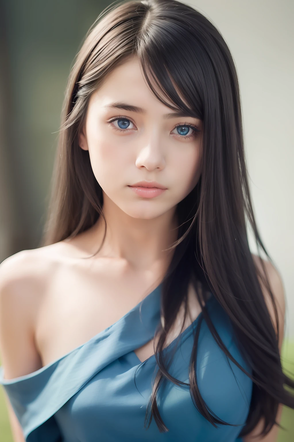 film portrait photography, 1girl, bare shoulders, wearing a blue dress, wavy shoulder-length hair, serene, calm, (realistic detailed eyes, realistic face details), soft dramatic lighting, depth of field, bokeh, vibrant details, finely detailed, hyperrealistic, 35mm film, hazy blur, filmg,