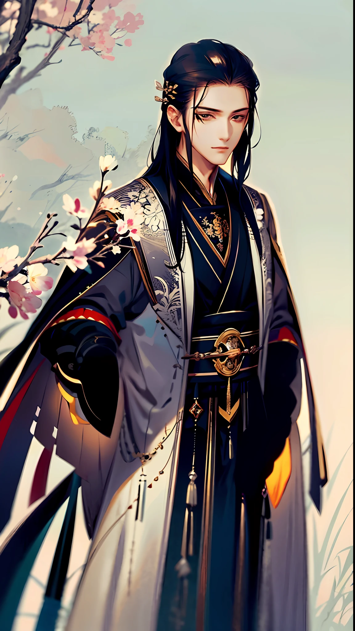 masterpiece, best quality, extremely detailed, detailed background, detailed face, hanfu, long hair, black hair, 1boy, chinese clothes, male focus, solo, branch, tree, long sleeves, robe, closed mouth, wide sleeves, flower