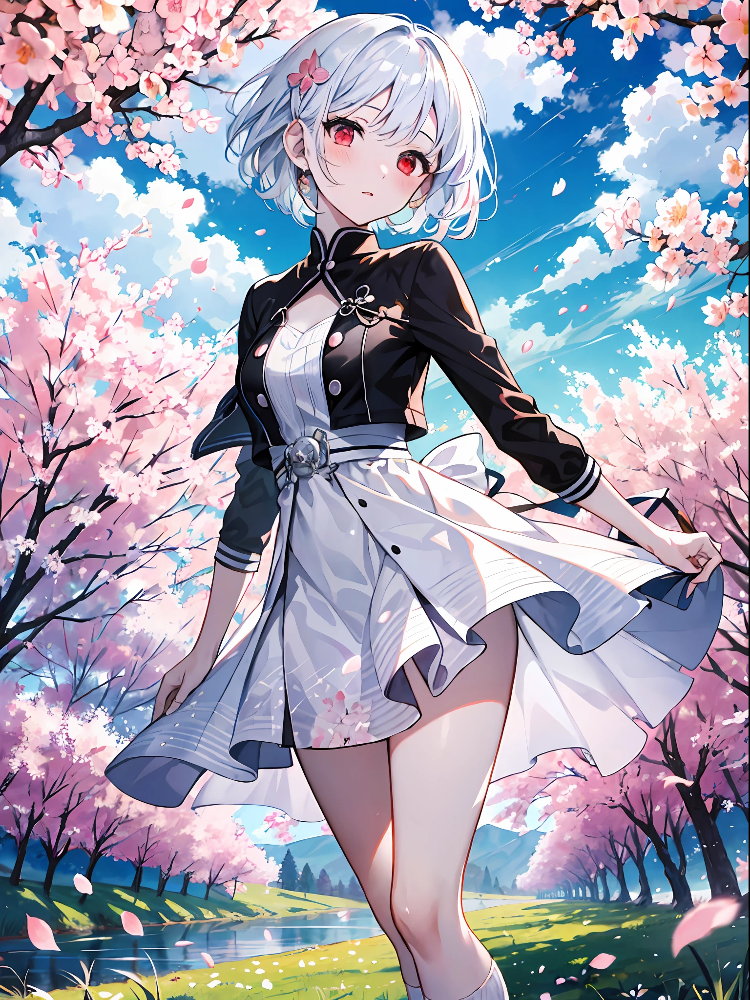 (Highest picture quality), (The work of the master),(Detailed eye description),(Detailed face description),
1girl in,Red Eyes,White hair,(Shorthair),Short hair (floating in the wind),Hair Ornament,White Dress,tiny chest,Bare legs,White socks,Leather shoes,arms and hands behind back,blush,fluttering grass,(spring,cherryblossom),flower petals,(Lens Flare),altocumulus,Dazzling light,Cool breeze,(Shade) In the [The cherry tree],grass field,(Grass grows、Birds are flying),(lake,surface reflection)
(magazine:1.3), (cover-style:1.3), Fashionable, Woman, Vibrant, outfit, Posing, front, Colorful, Dynamic, Background, element。, which are full of confidence, expression, Holding, statement, accessory, An majestic, coiled, Around, Touch, Scene, Text, cover, Bold, captures the attention, Titles, Stylish, Font, Catchy, headline, Larger, striking, Modern, Trendy, Focus, Fashion,