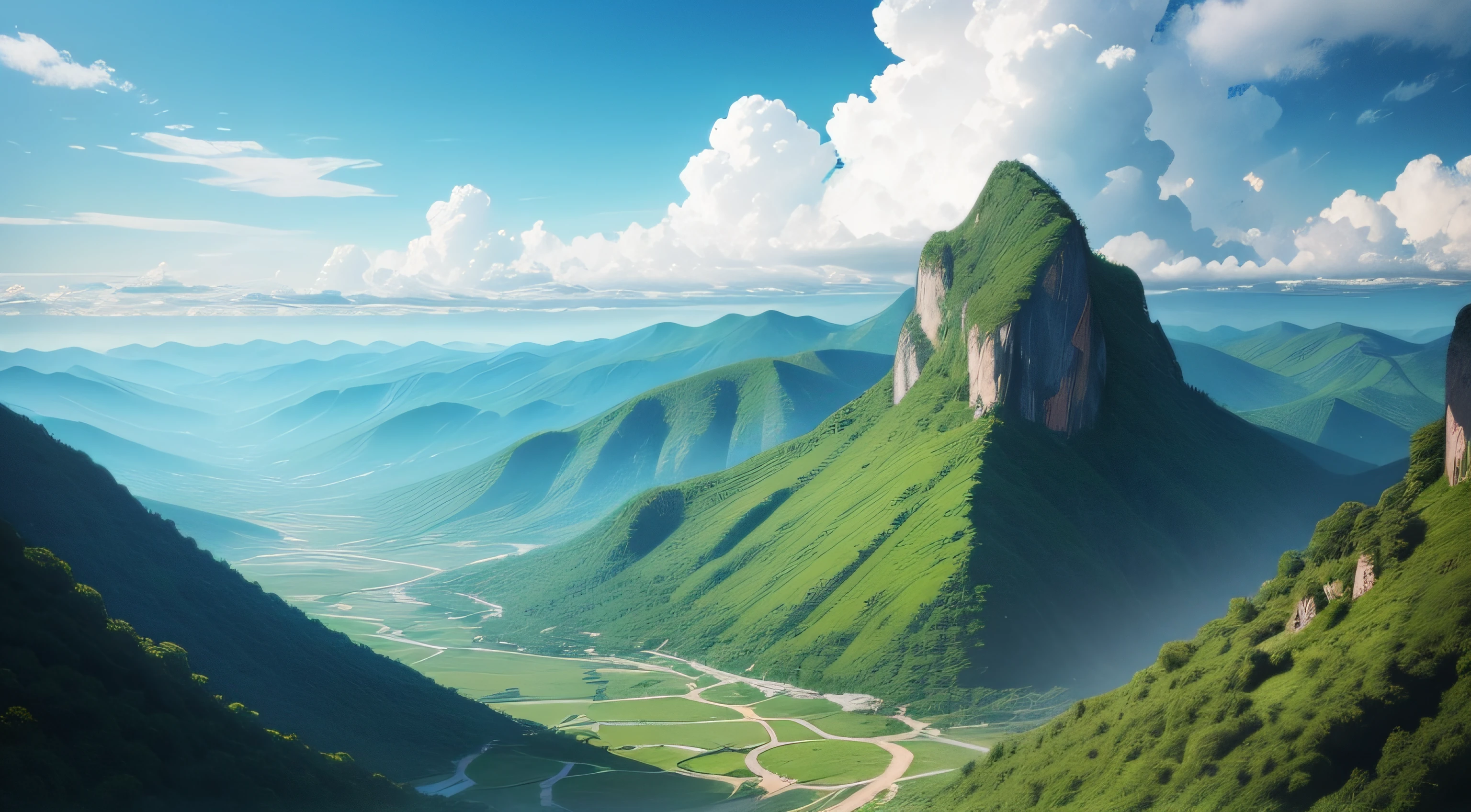 World Environment Day concept, Green mountains and beautiful sky clouds under the blue sky