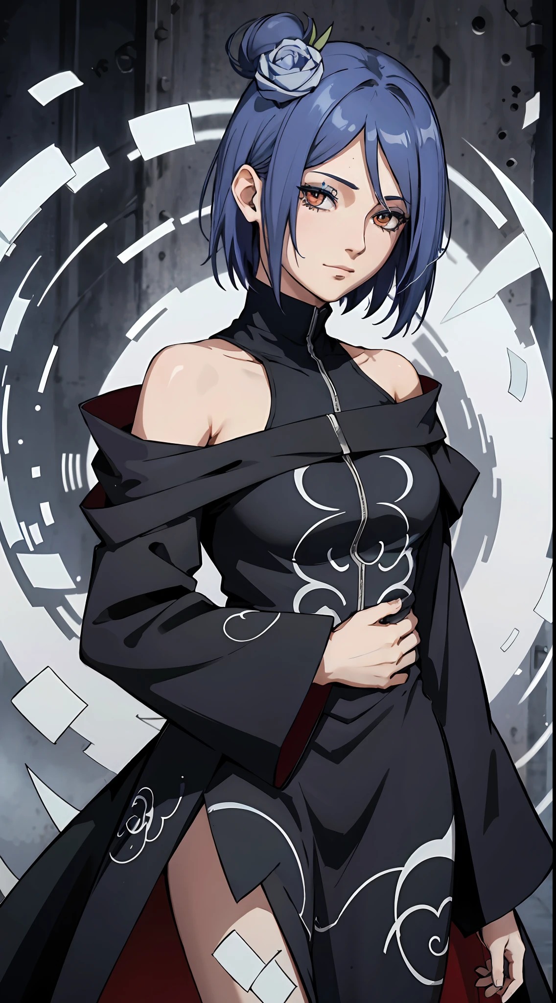 absurderes, (best qualityer), (tmasterpiece), (ultra - detailed: 1.2), (Fotorrealista: 1.1),（Off-the-shoulder attire)， (A high resolution), 1girll,(injury:1.1),blue hairs，short detailed hair，Black robe(bloods:1.1), Xiaonan \(Naruto\), Akatsuki motif， Perforated Rabret, (Paper:1.2), Ripples, twirl, Rainbow art,