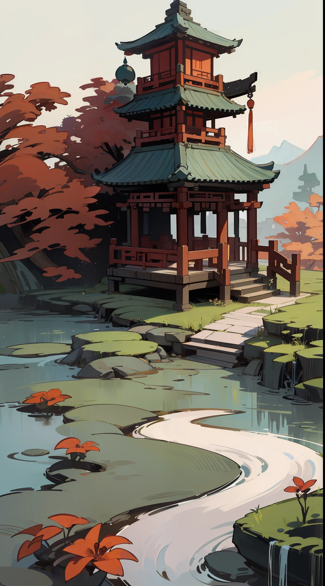 Chinese aesthetics、Ink quality、Peaceful creekside、Lonely gazebo、Long-haired girl holding a scroll、Very refined and detailed、The expression was melancholy、Creation at the highest level。