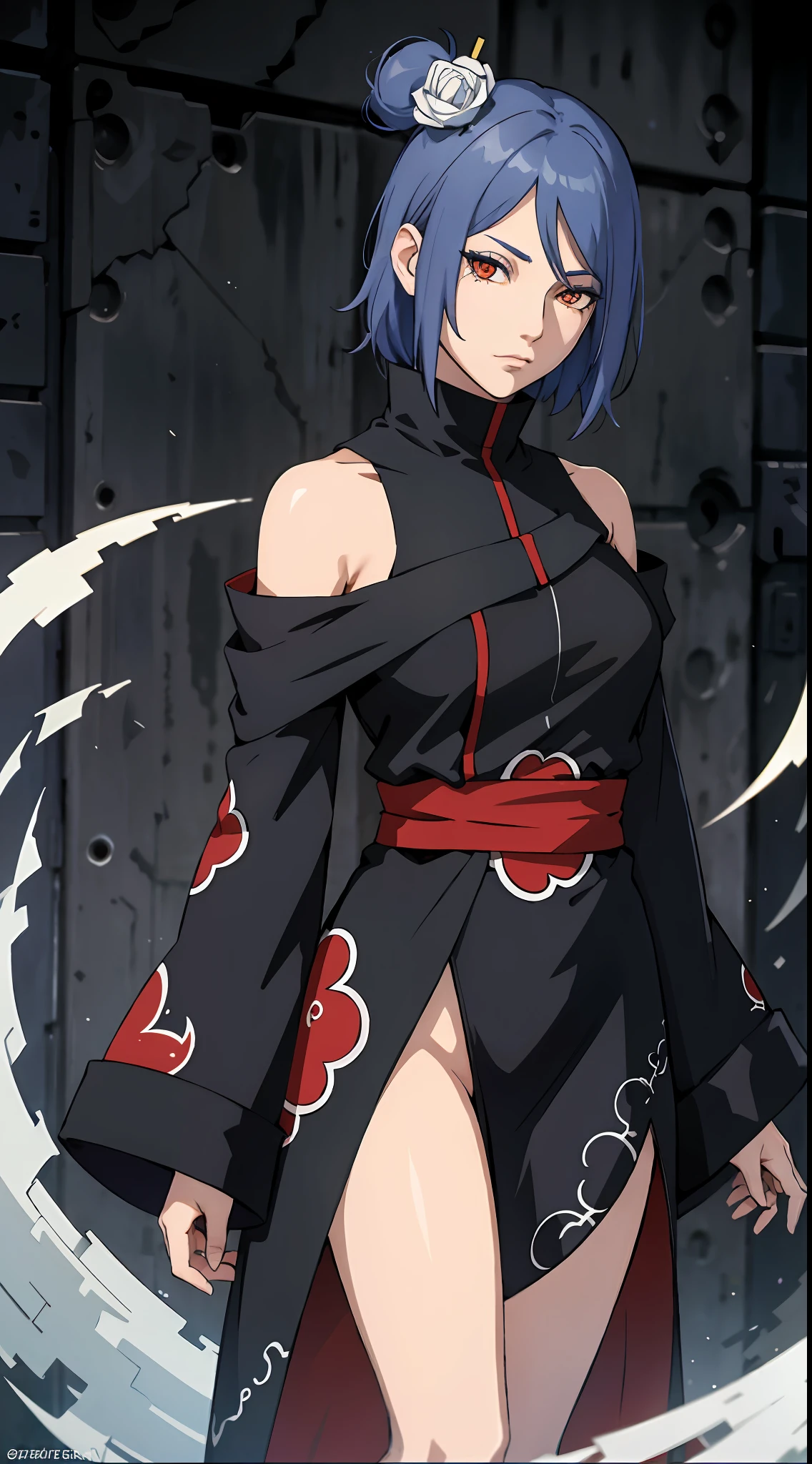 absurderes, (best qualityer), (tmasterpiece), (ultra - detailed: 1.2), (Fotorrealista: 1.1),(Off-the-shoulder attire), (A high resolution), 1girll,(injury:1.1),blue hairs,short detailed hair,Black robe(bloods:1.1), Xiaonan \(Naruto\), Akatsuki motif, Perforated Rabret, (Paper:1.2), Ripples, twirl, Rainbow art,