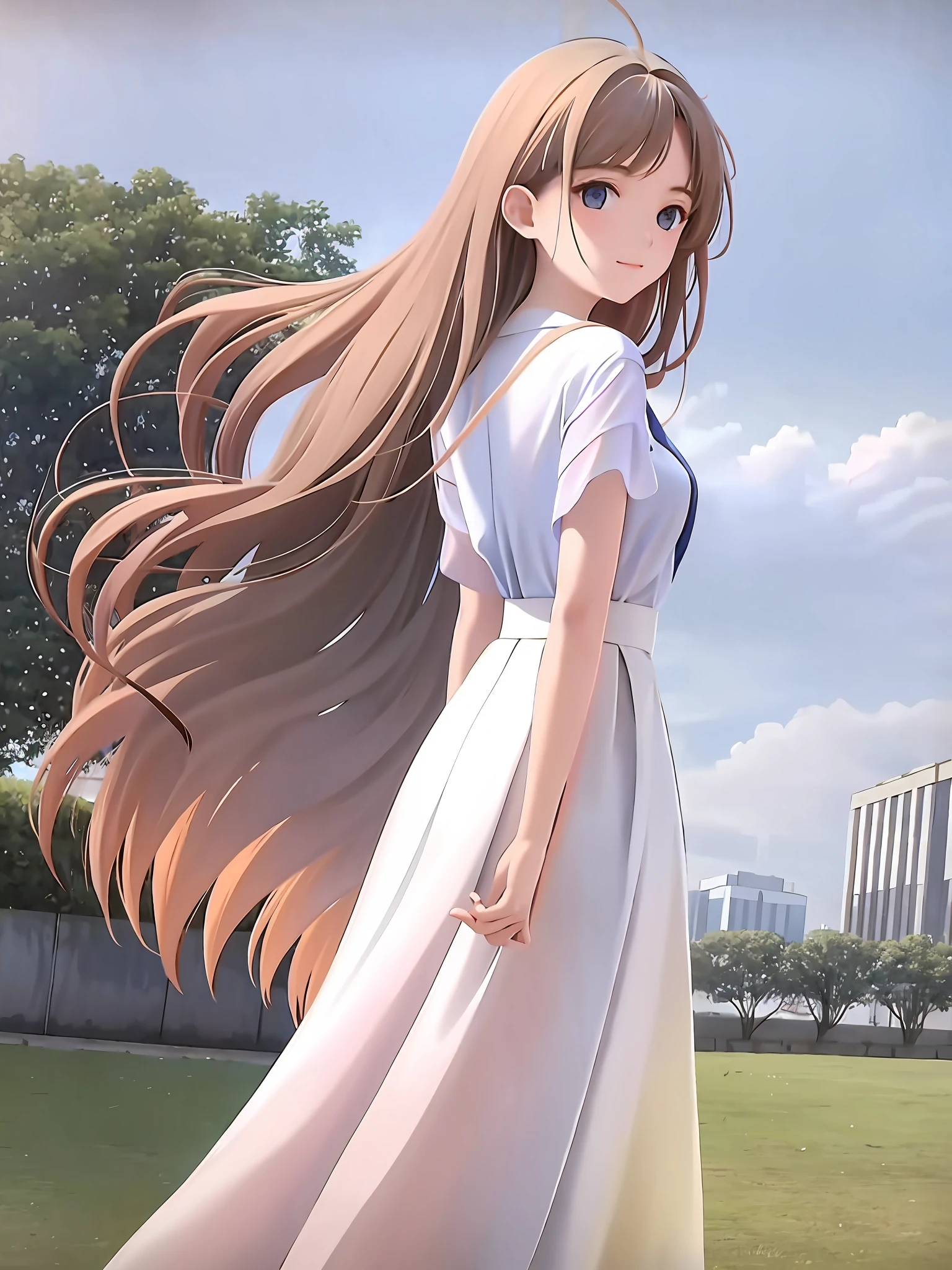 a white long skirt，young ，The wind blows long hair，Back shadow，Pull up your hair，lawns，with blue sky and white clouds，ultra-detailliert，detailed detail