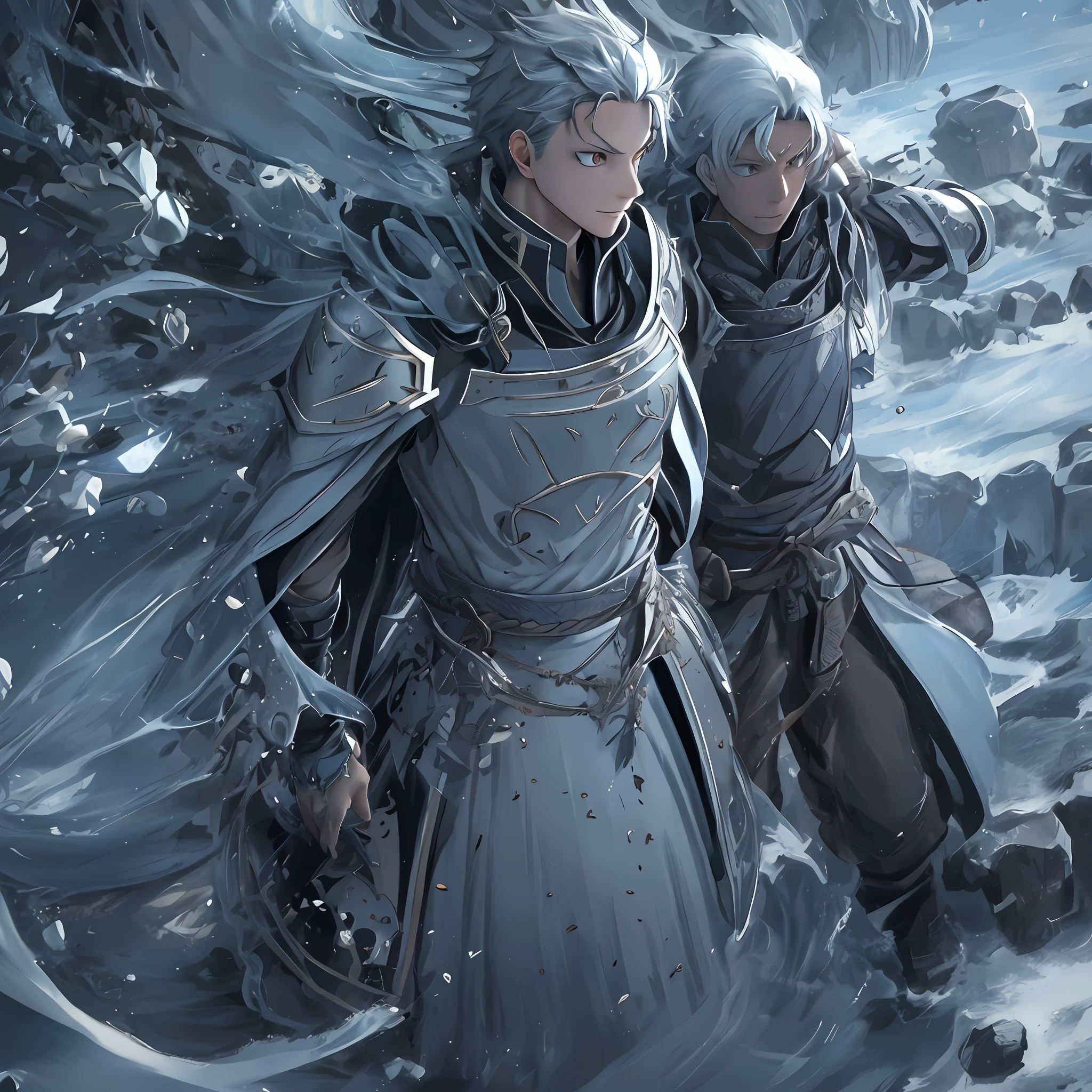 (1 Adult male),A high resolution, Sharp focus, Pixiv masterpiece, ((Complicated details)), highly detailed, natsuki_subaru, 1 man, ssmile,full bodyesbian, greene eyes(eyes glowing), with short white hair,Armour,cloaks,Shoulder armor,perspire,look from down