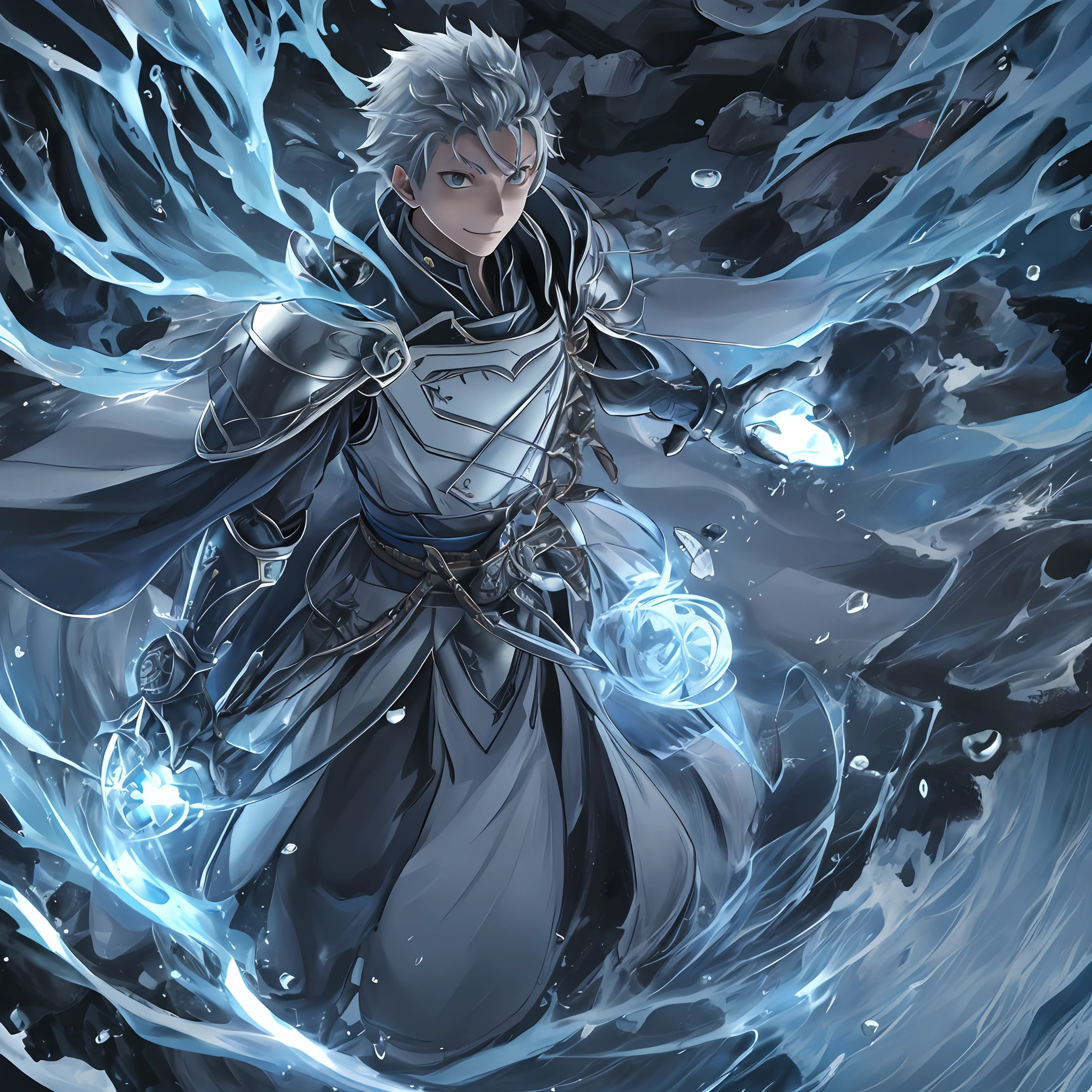 （1 Adult male），A high resolution， Sharp focus， Pixiv masterpiece， （（Complicated details））， highly  detailed， natsuki_subaru， 1 man， ssmile，full bodyesbian， greene eyes（eyes glowing）， with short white hair，Armour，cloaks，Shoulder armor，perspire，look from down