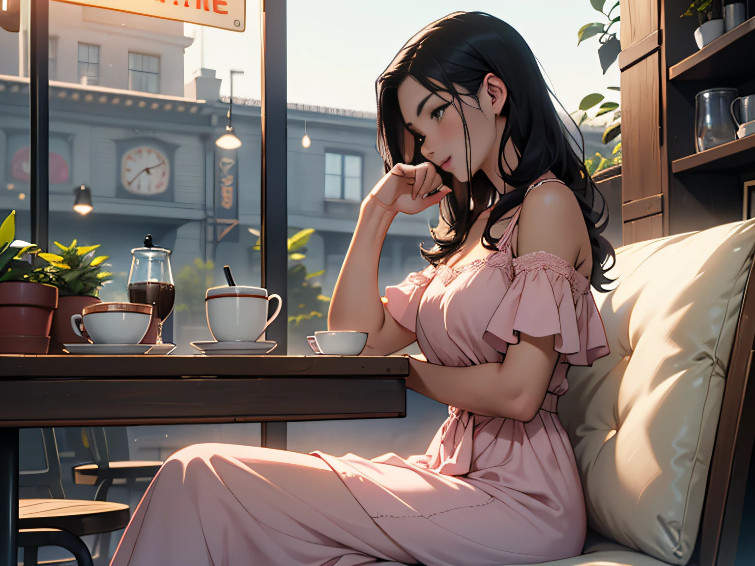 Master, Masterpiece, 8K wallpaper, CG, super high image quality, Light and shadow effects
(Wearing a pale pink dress,Elegant woman with long black hair) Sitting in a quiet café: 1.5))
Close-up
Features: Very calm
Quiet café, Coffee stand, Warm seats