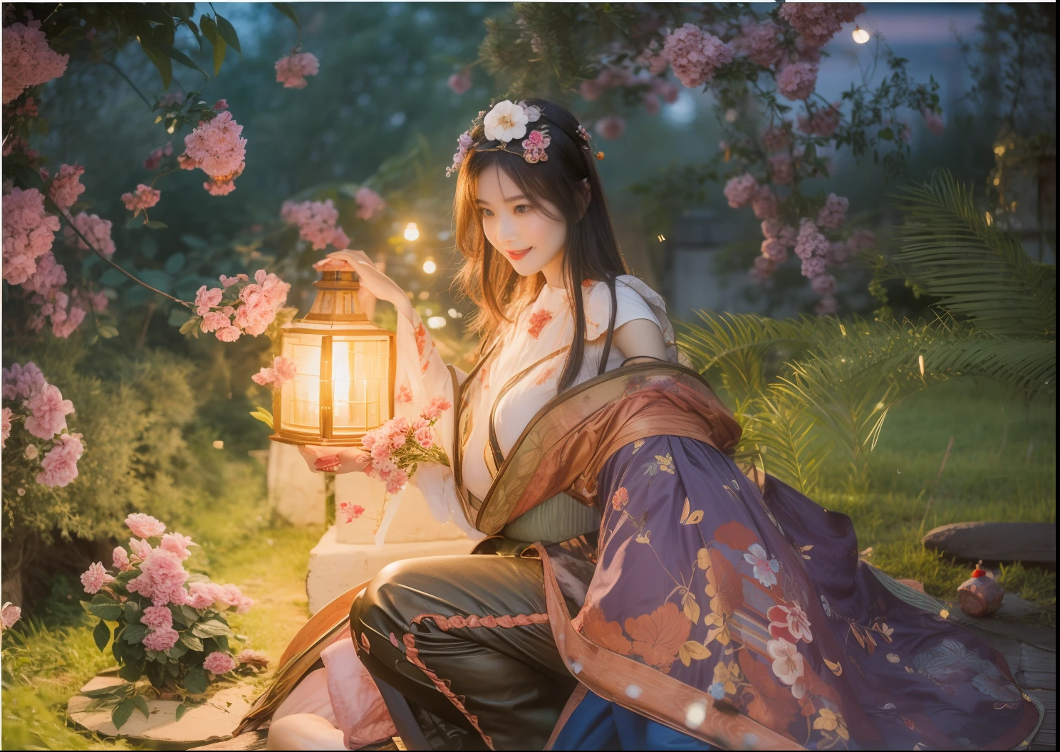 ancient chinese beauti,详细的脸,Beautiful and dignified,ellegance,Aristocratic temperament,Wear purple headdresses,There are pink pompoms on the forehead,Wearing purple brocade ,Holding a lantern in his right hand,Squat in black pants,There are fireflies all around,There are a lot of pink peach blossoms around,The background sky is dark,Dark black tones,There is a wooden bridge in the distance,There are lights on both sides of the bridge,Background bokeh,high high quality,illustrious,best qualtiy,hyper HD,RAW photos