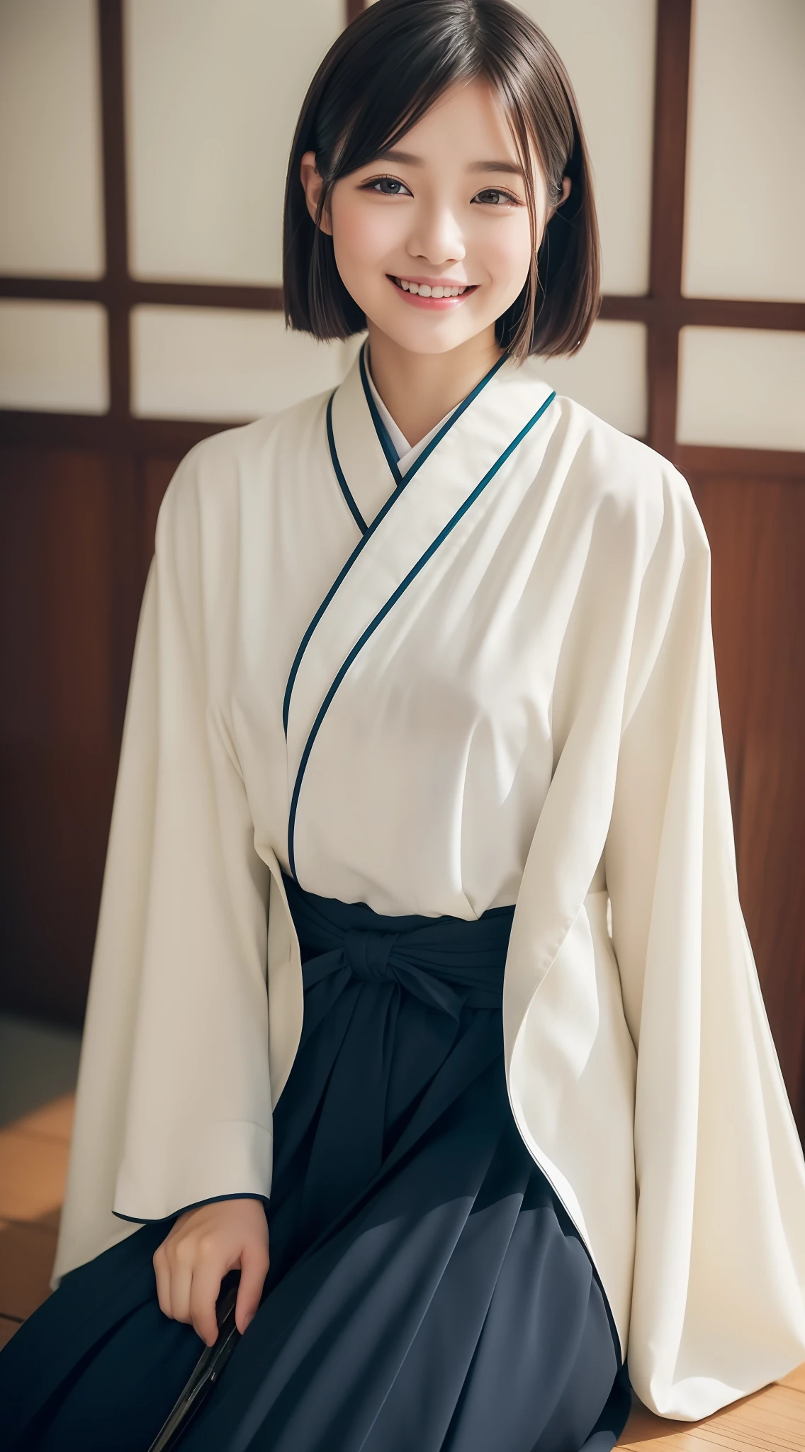 (((Top image quality、8K、masterpiece、top-quality、1人の女性)))、((Beautie、Beautuful Women、kawaii、The face is orderly、Double eyelids、The whole body is shown))、(ighly detailed:1,3)、Calligraphy Club、cute little、Writing with a brush、Do calligraphy、Being in the classroom、Wearing Hakama、The whole body is shown、Like a shot with an SLR、Do calligraphy、the pose、((Sitting upright))、sitting on、Shortcut Hair、a smile