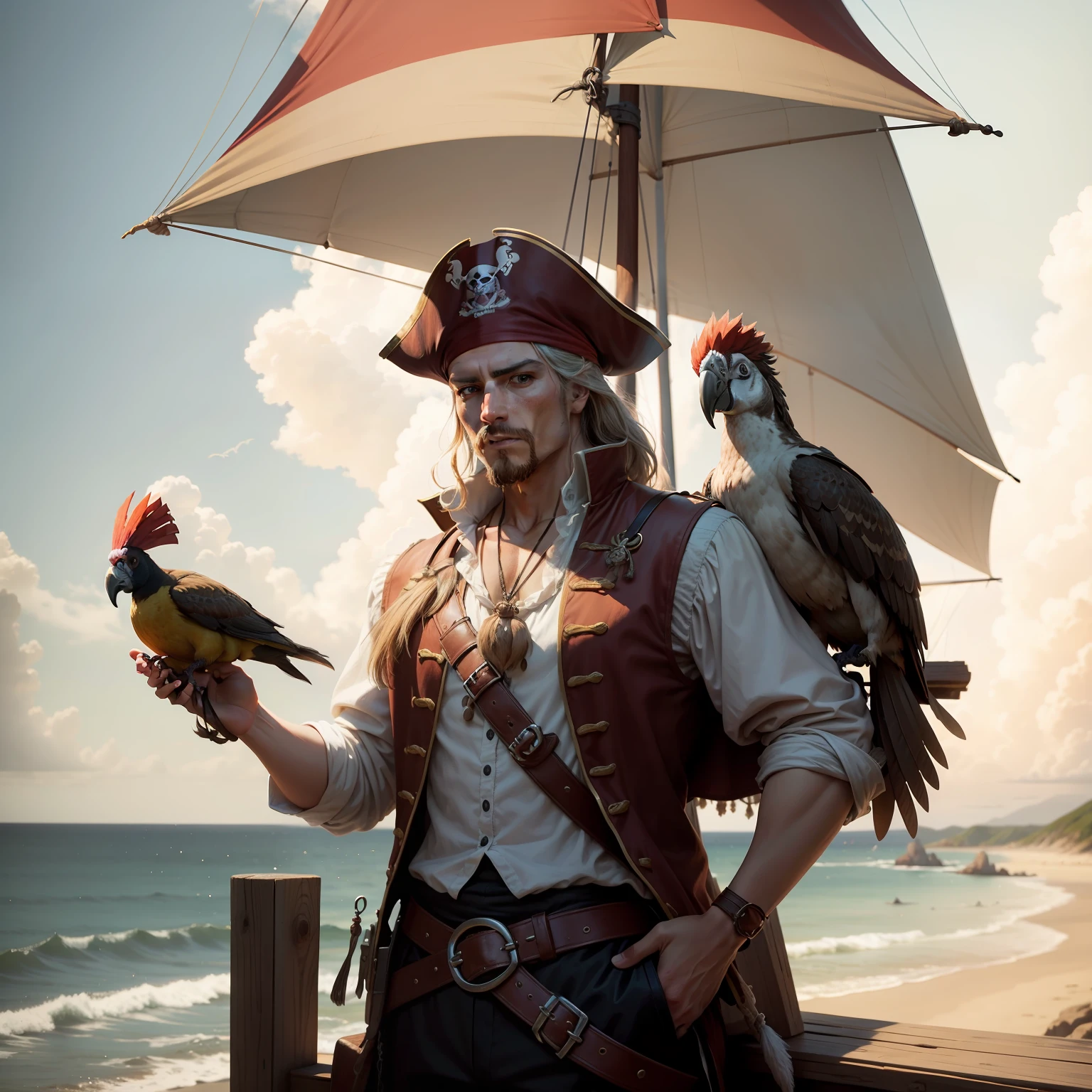 Please create an image of a traditional pirate, fully dressed in classic pirate clothing, standing on the deck of a pirate ship. Instead of having a parrot on his shoulder, as is typical with pirate imagery, place a turkey there. The turkey should not be dressed as a pirate; it should be a regular turkey, perched on the pirate's shoulder, looking out to sea. Emphasize this unusual twist in the scene and add details to make it lively and engaging