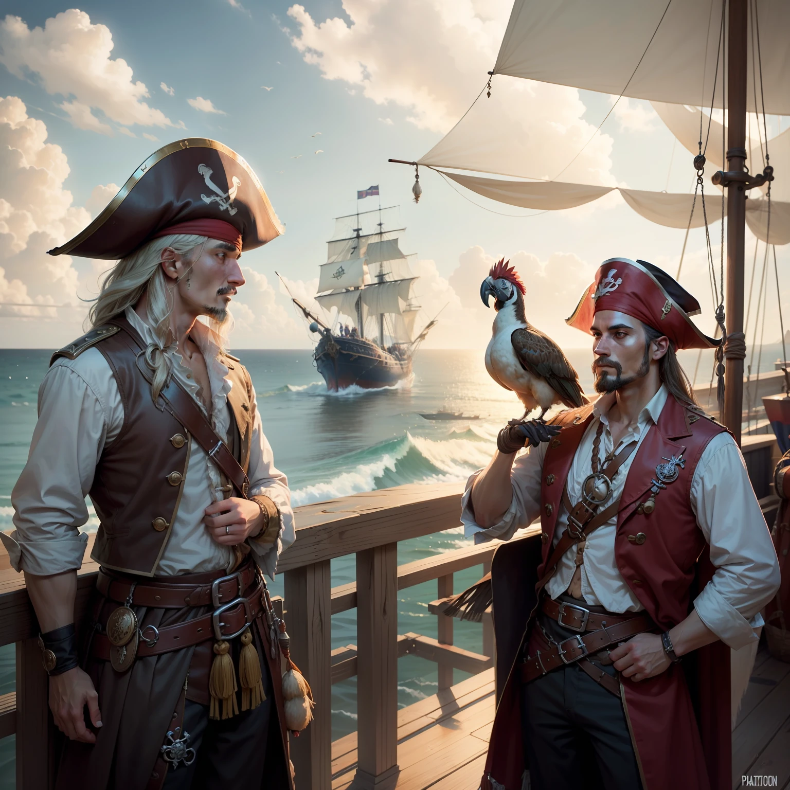 Please create an image of a traditional pirate, fully dressed in classic pirate clothing, standing on the deck of a pirate ship. Instead of having a parrot on his shoulder, as is typical with pirate imagery, place a turkey there. The turkey should not be dressed as a pirate; it should be a regular turkey, perched on the pirate's shoulder, looking out to sea. Emphasize this unusual twist in the scene and add details to make it lively and engaging