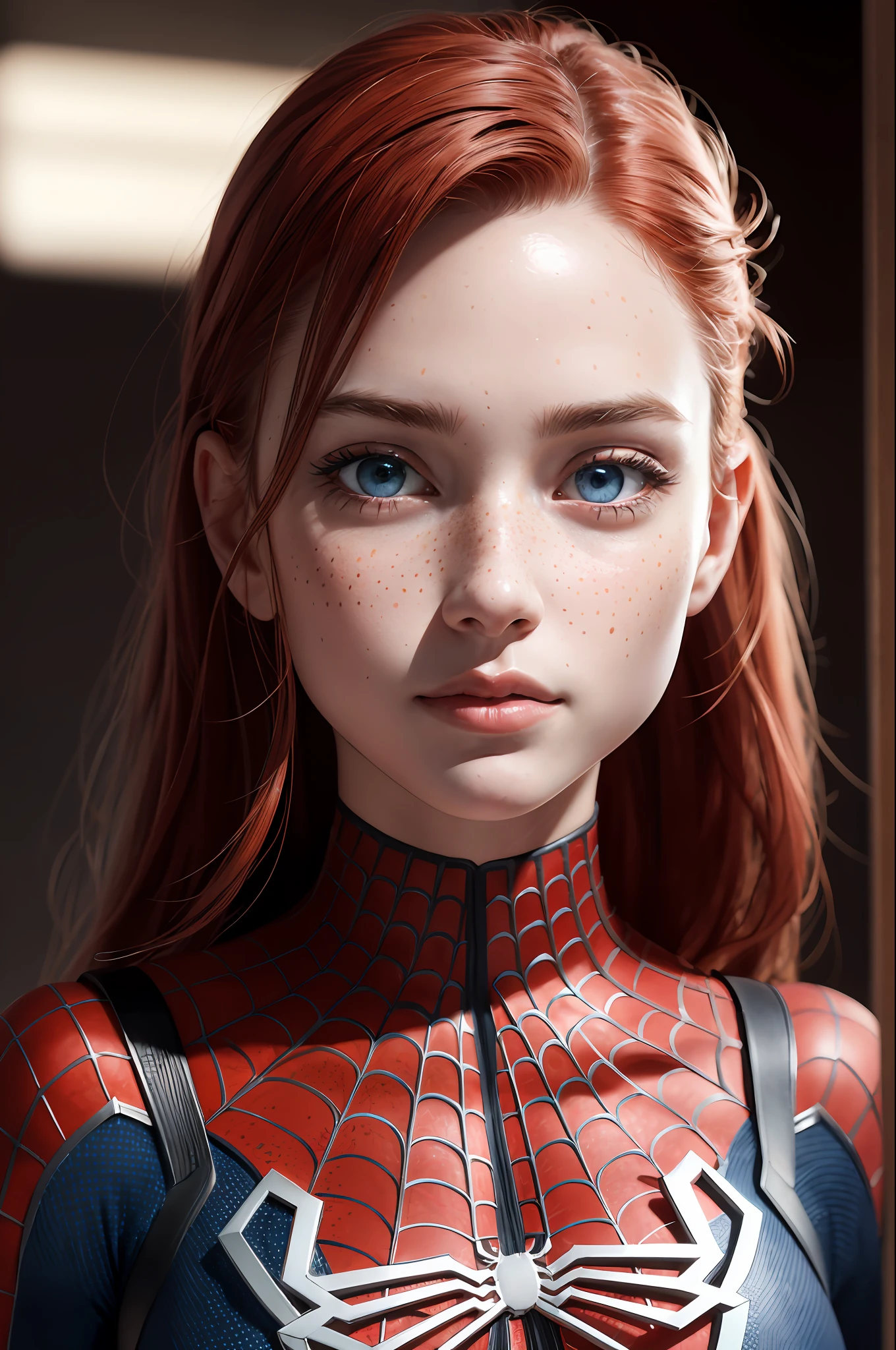 extremely detailed CG,UHD wallpaper, Extreme details,(realistic:1.2),(((best quality))), ((ultra-detailed)), (cute detailed face:1.2), {{highly detailed face}},beautiful and aesthetic,1girl,(masterpiece:1.4),glowing skin,dramatic shadows, intense shadows, SIGMA 35mm F1.4, ISO 200 Shutter Speed 2000,Photorealism,{photorealistic}, photogenic, Girl, finely detailed,HIGH RES, {{intricate detail}},(((beautiful detailed lighting))),beautiful detailed colorful eyes, best quality, 1girl, masterpiece, best quality, 8k, detailed skin texture, detailed cloth texture, beautiful detailed face, intricate details, ultra detailed, european youth, european beauty, Spider-Man uniform, straight red hair, (full body:1.2), freckles, dynamic pose, dynamic angle,
