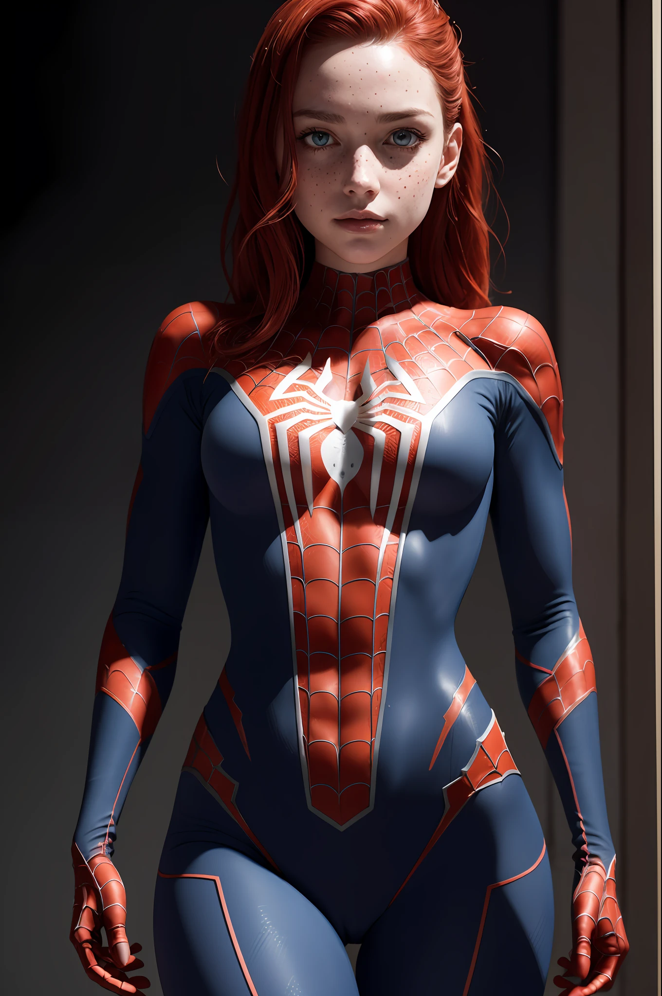 extremely detailed CG,UHD wallpaper, Extreme details,(realistic:1.2),(((best quality))), ((ultra-detailed)), (cute detailed face:1.2), {{highly detailed face}},beautiful and aesthetic,1girl,(masterpiece:1.4),glowing skin,dramatic shadows, intense shadows, SIGMA 35mm F1.4, ISO 200 Shutter Speed 2000,Photorealism,{photorealistic}, photogenic, Girl, finely detailed,HIGH RES, {{intricate detail}},(((beautiful detailed lighting))),beautiful detailed colorful eyes, best quality, 1girl, masterpiece, best quality, 8k, detailed skin texture, detailed cloth texture, beautiful detailed face, intricate details, ultra detailed, european youth, european beauty, Spider-Man uniform, straight red hair, (full body:1.2), freckles, dynamic pose, dynamic angle,