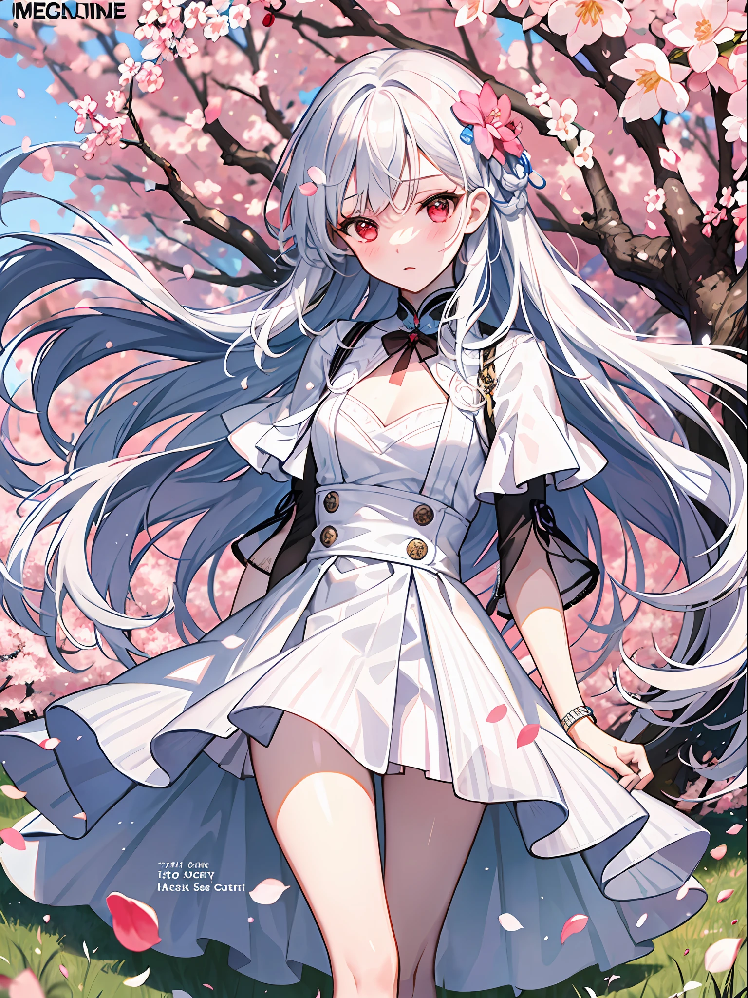 (Highest picture quality), (The work of the master),(Detailed eye description),(Detailed face description),
1girl in,Red Eyes,White hair,(Very long hair),Very long hair (floating in the wind),Hair Ornament,White Dress,tiny chest,Bare legs,White socks,Leather shoes,arms and hands behind back,blush,fluttering grass,(spring,cherryblossom),flower petals,(Lens Flare),altocumulus,Dazzling light,Cool breeze,(Shade) In the [The cherry tree],grass field,(Grass grows、Birds are flying),(lake,surface reflection)
(magazine:1.3), (cover-style:1.3), Fashionable, Woman, Vibrant, outfit, Posing, front, Colorful, Dynamic, Background, element。, which are full of confidence, expression, Holding, statement, accessory, An majestic, coiled, Around, Touch, Scene, Text, cover, Bold, captures the attention, Titles, Stylish, Font, Catchy, headline, Larger, striking, Modern, Trendy, Focus, Fashion,