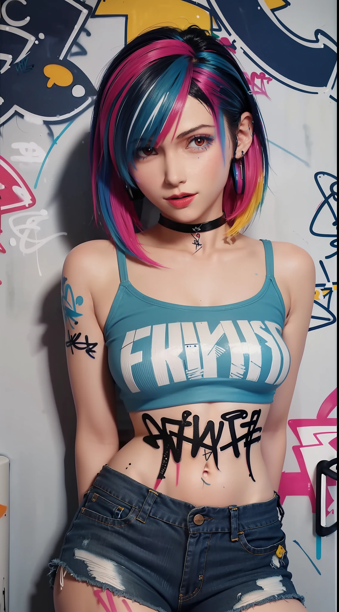 masterpiece, best quality, 1girl, solo, crop top, denim shorts, choker, (graffiti:1.5), paint splatter, arms behind back, against wall, looking at viewer, armband, thigh strap, paint on body, head tilt, bored, multicolored hair, aqua eyes, headset,